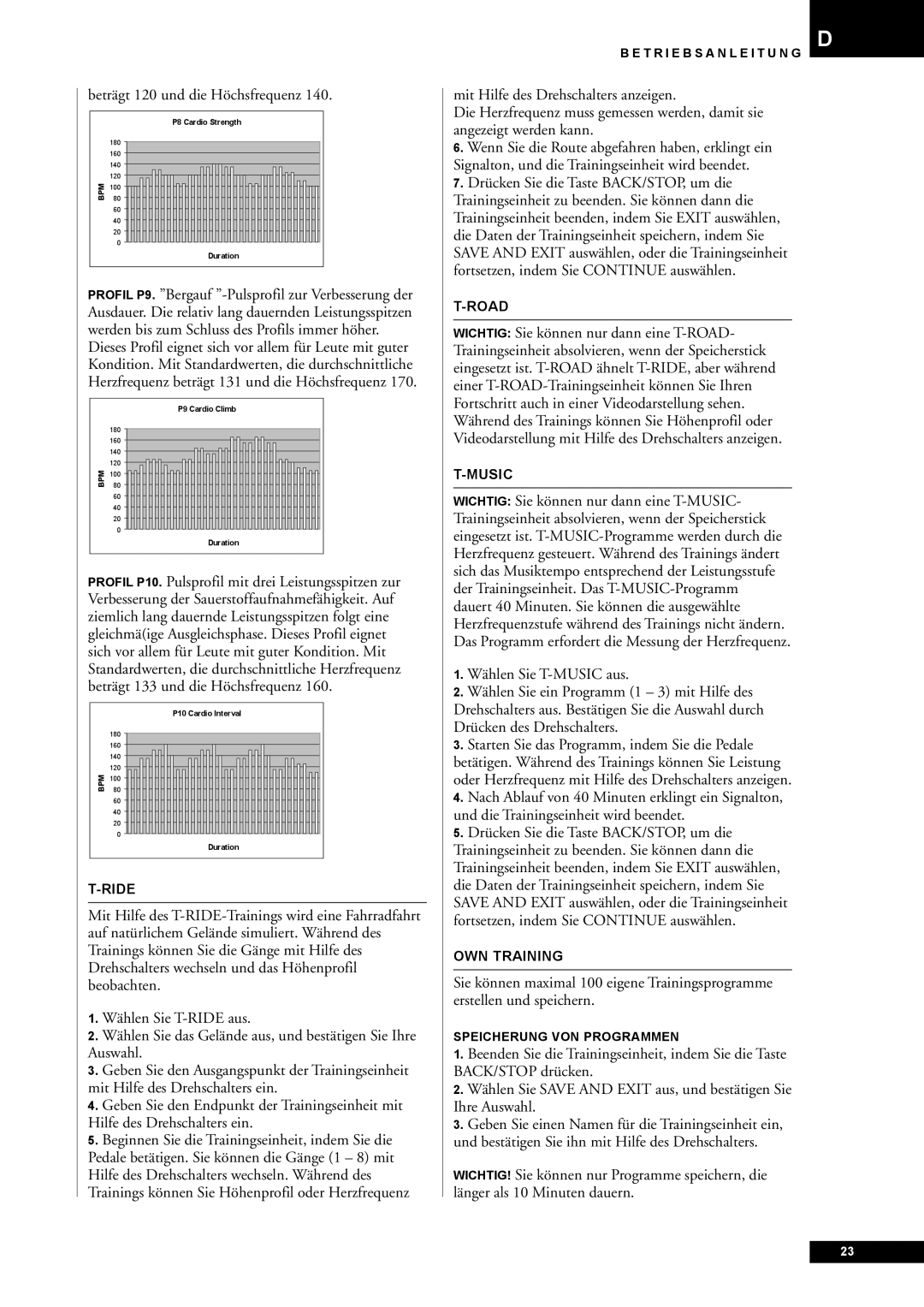 Tunturi E80, E85 owner manual Beträgt 120 und die Höchsfrequenz, Trainings können Sie Höhenprofil oder Herzfrequenz 