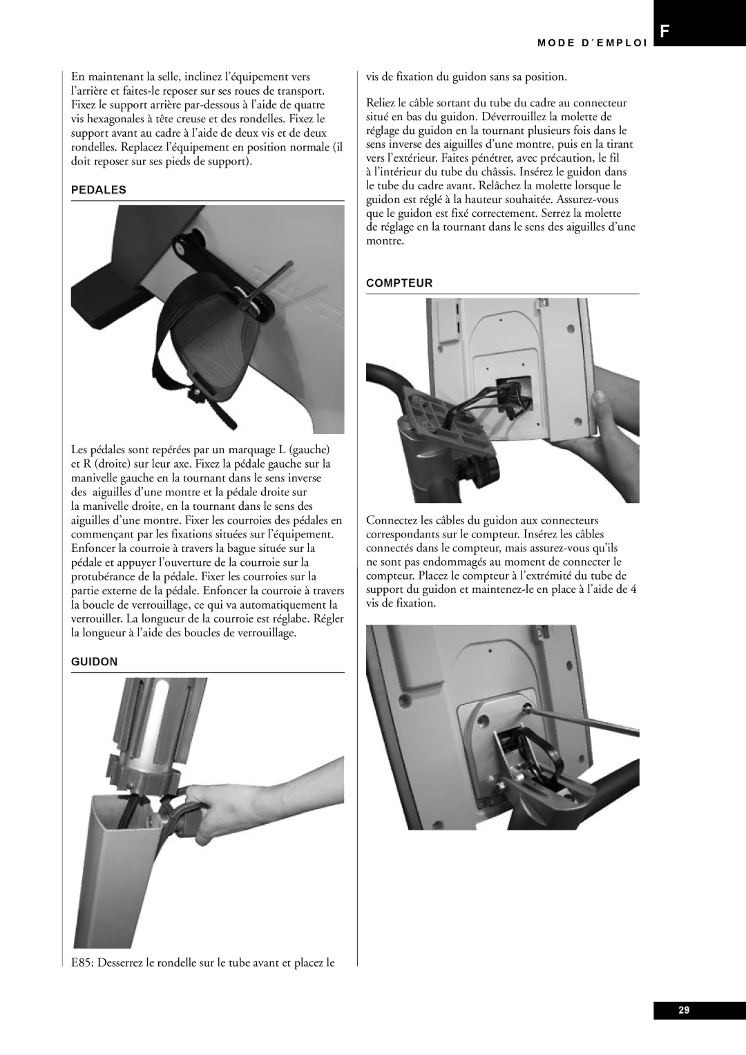 Tunturi E80, E85 owner manual Vis de fixation du guidon sans sa position, Pedales, Guidon, Compteur 