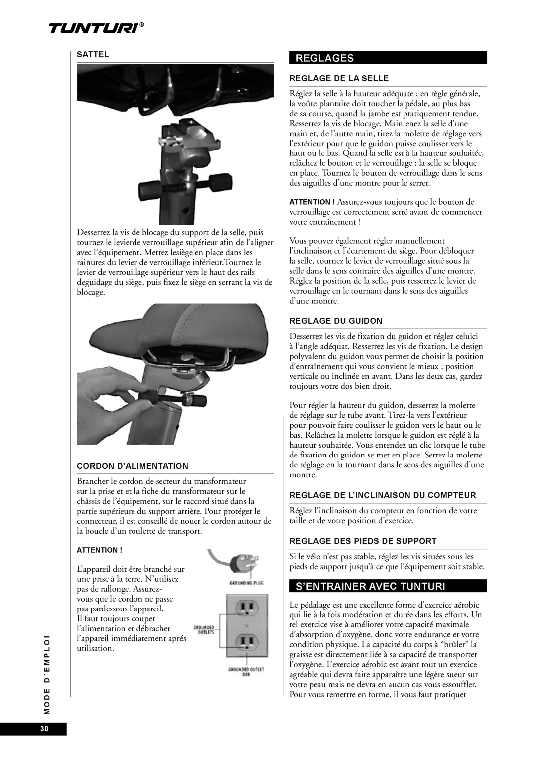 Tunturi E85, E80 owner manual Reglages, ’ENTRAINER Avec Tunturi, Desserrez les vis de fixation du guidon et réglez celuici 