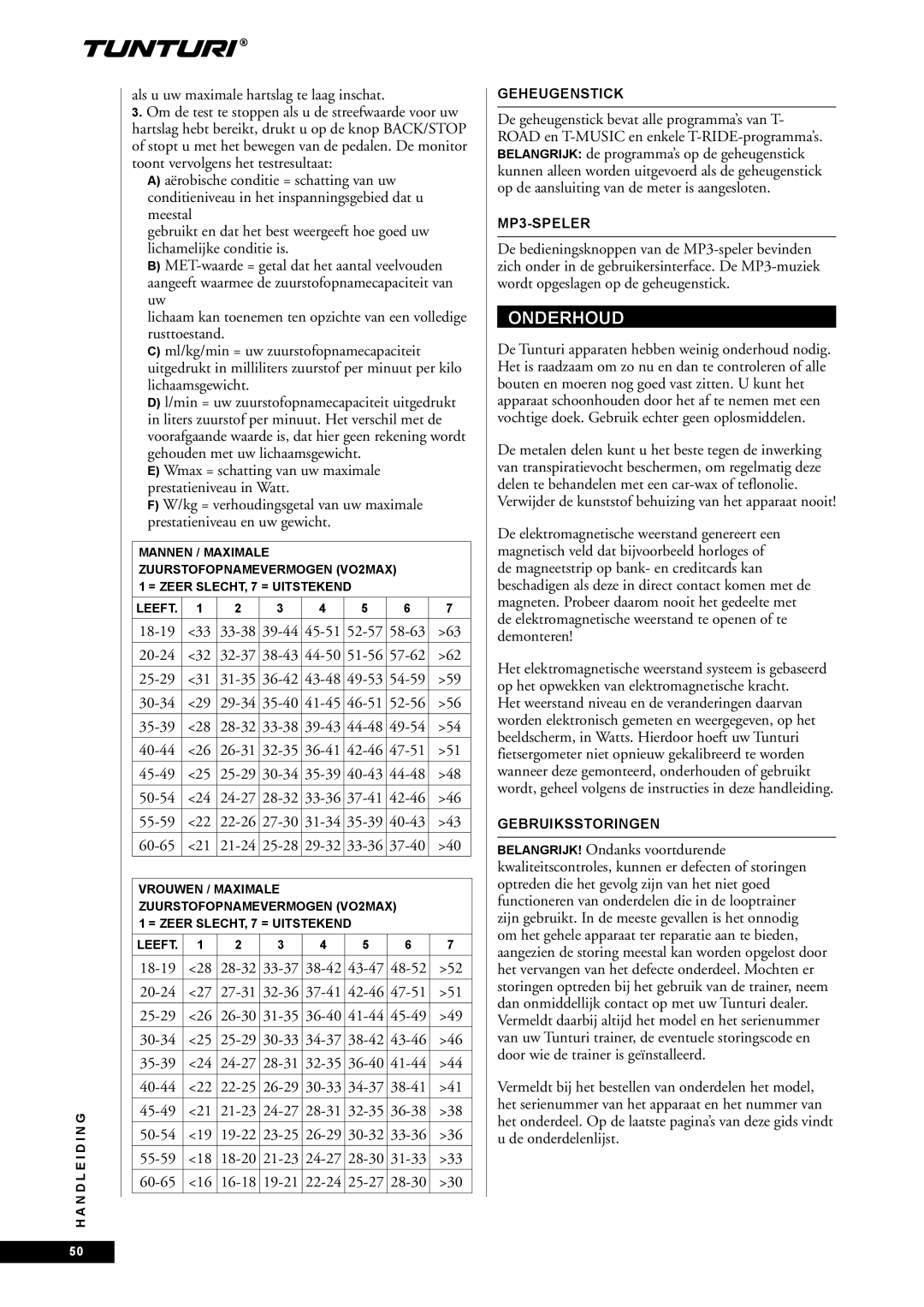 Tunturi E85, E80 Onderhoud, Als u uw maximale hartslag te laag inschat, Geheugenstick, MP3-SPELER, Gebruiksstoringen 