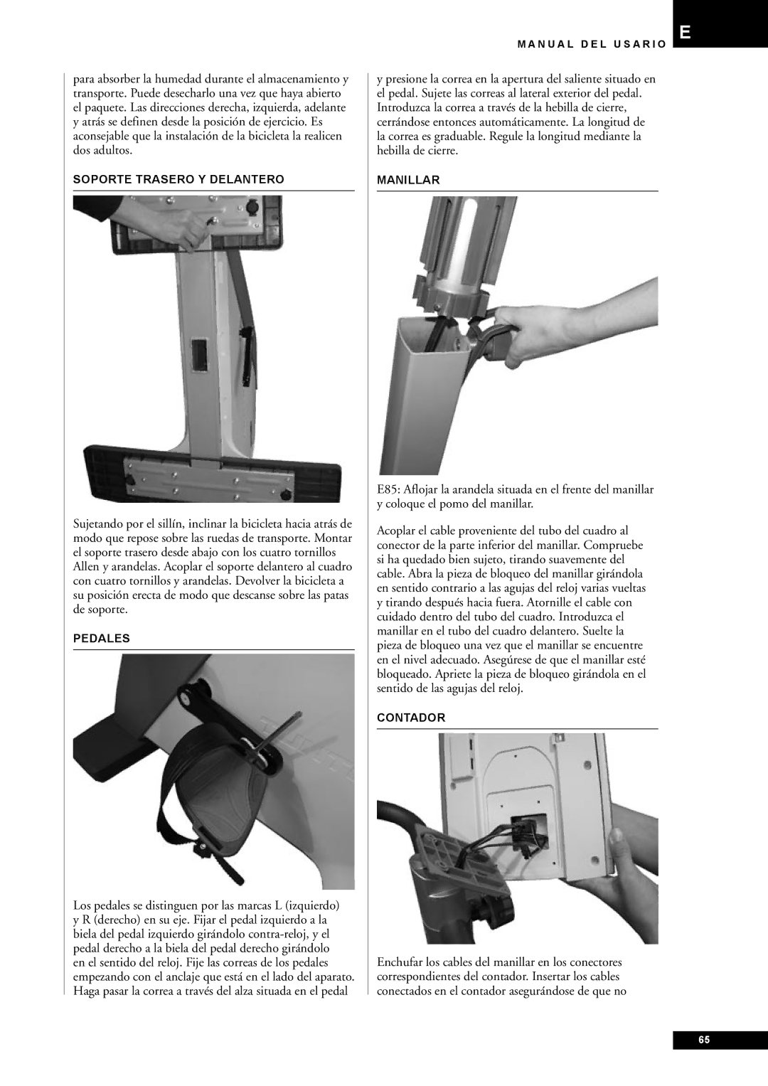 Tunturi E80, E85 owner manual Soporte Trasero Y Delantero, Manillar, Contador 