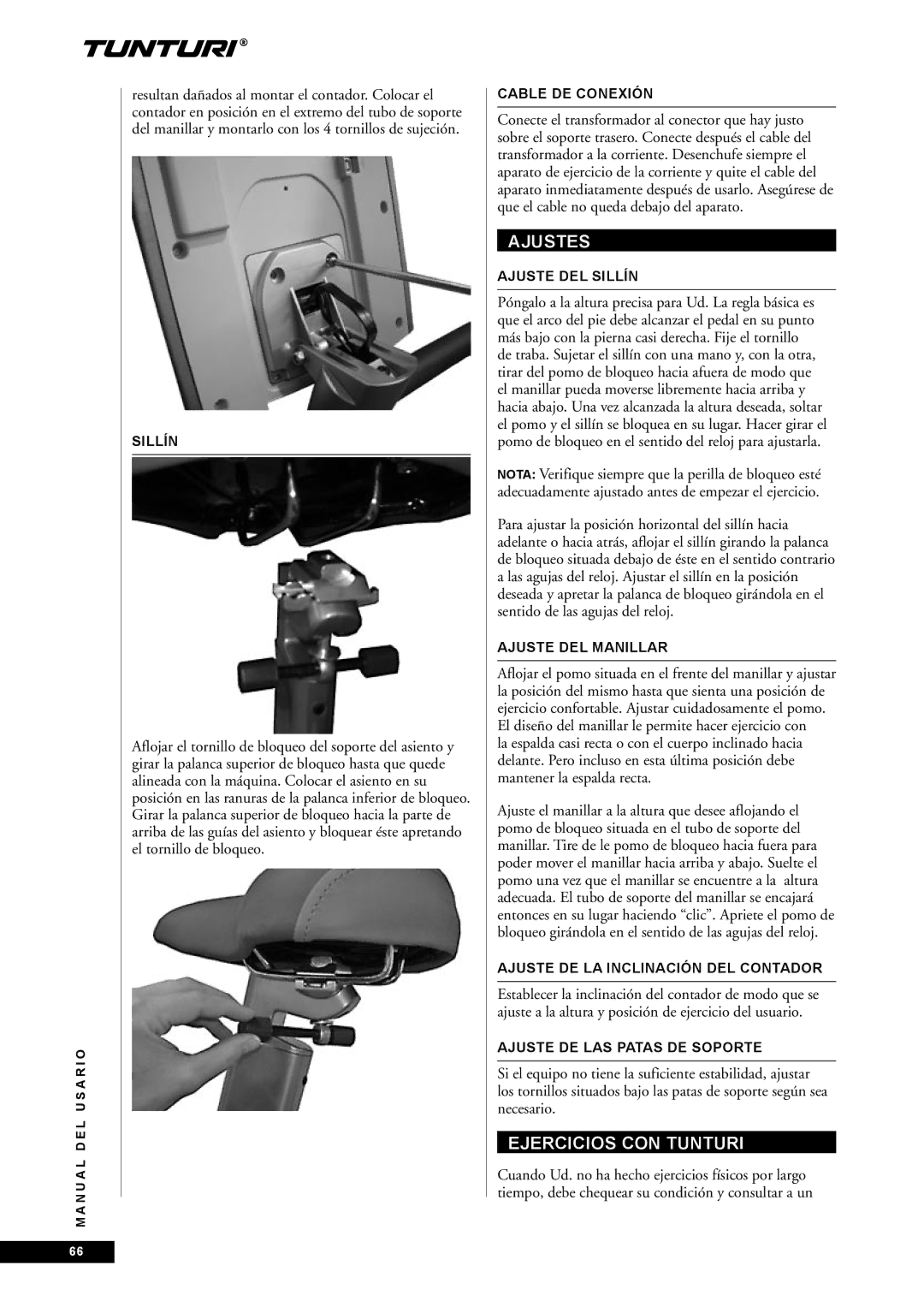 Tunturi E85, E80 owner manual Ajustes, Ejercicios CON Tunturi 