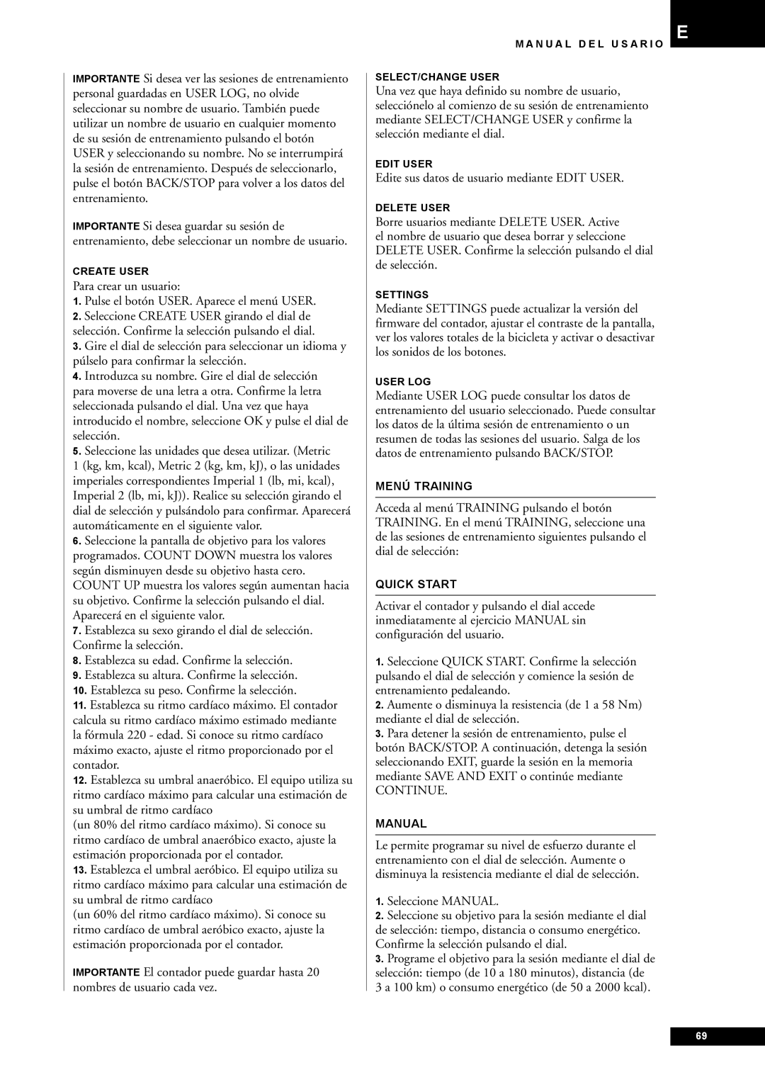 Tunturi E80, E85 owner manual Edite sus datos de usuario mediante Edit User, Seleccione Manual, Menú Training 