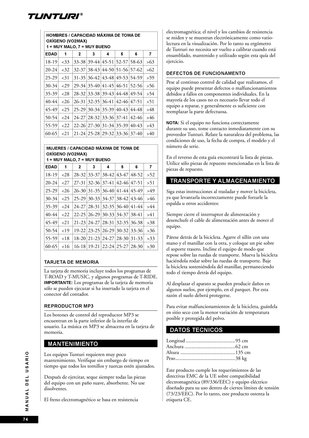 Tunturi E85, E80 owner manual Mantenimiento, Transporte Y Almacenamiento, Datos Tecnicos 