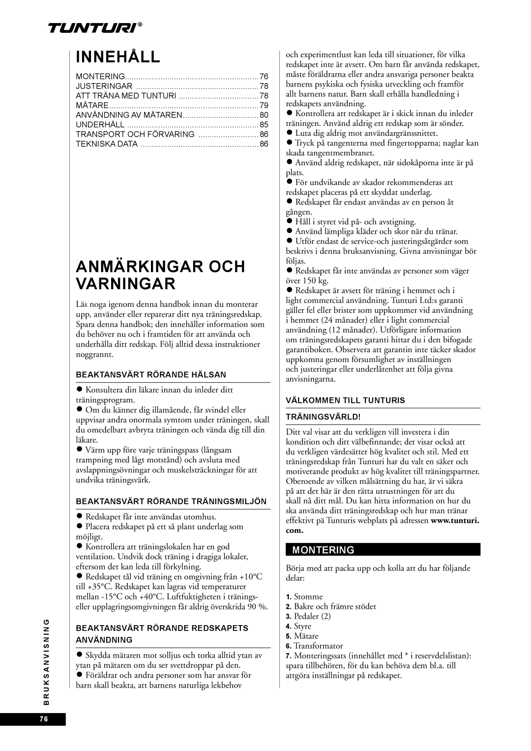 Tunturi E85, E80 owner manual Montering, Beaktansvärt Rörande Hälsan, Beaktansvärt Rörande Träningsmiljön 