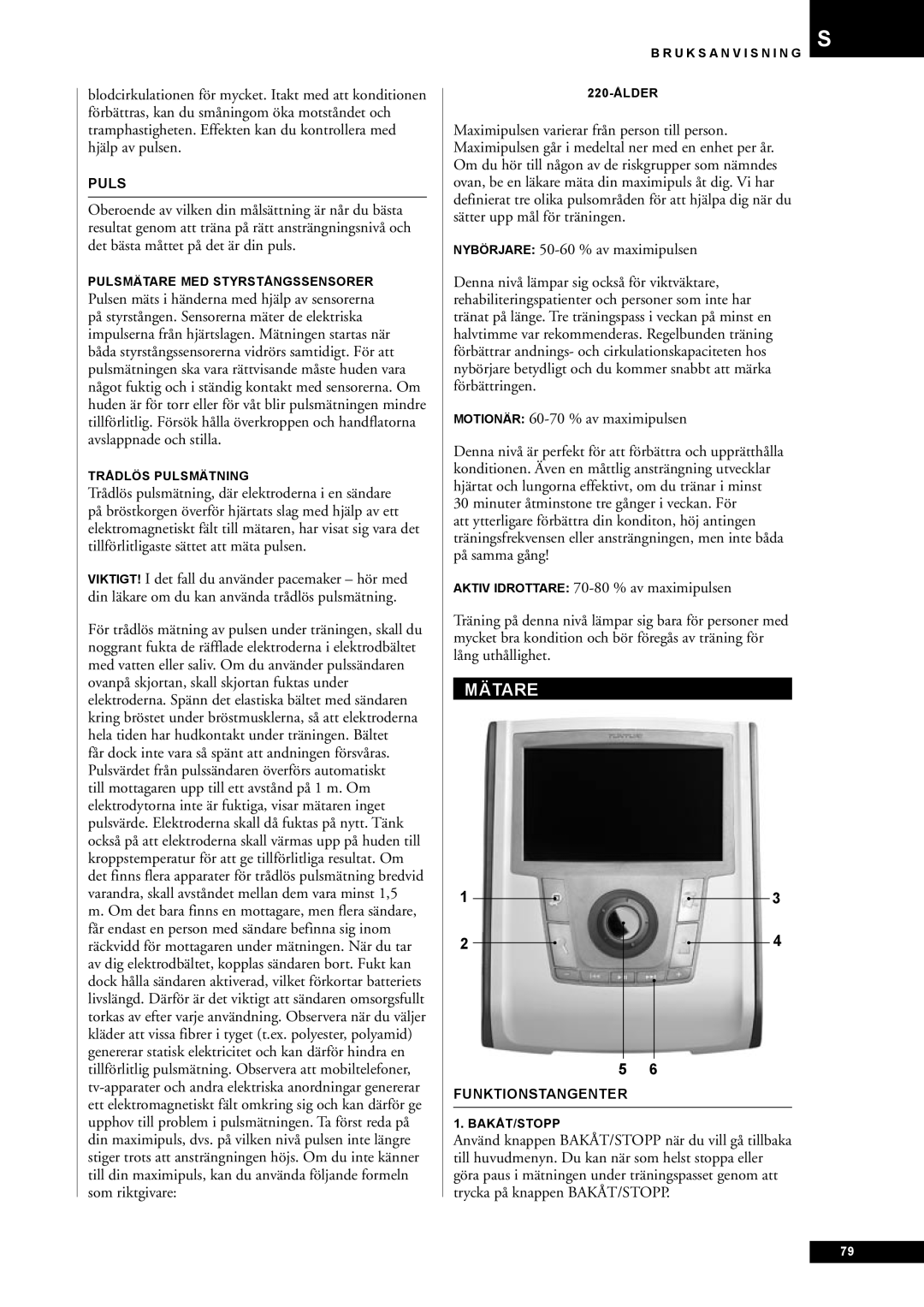 Tunturi E80, E85 owner manual Mätare, Puls, Funktionstangenter 