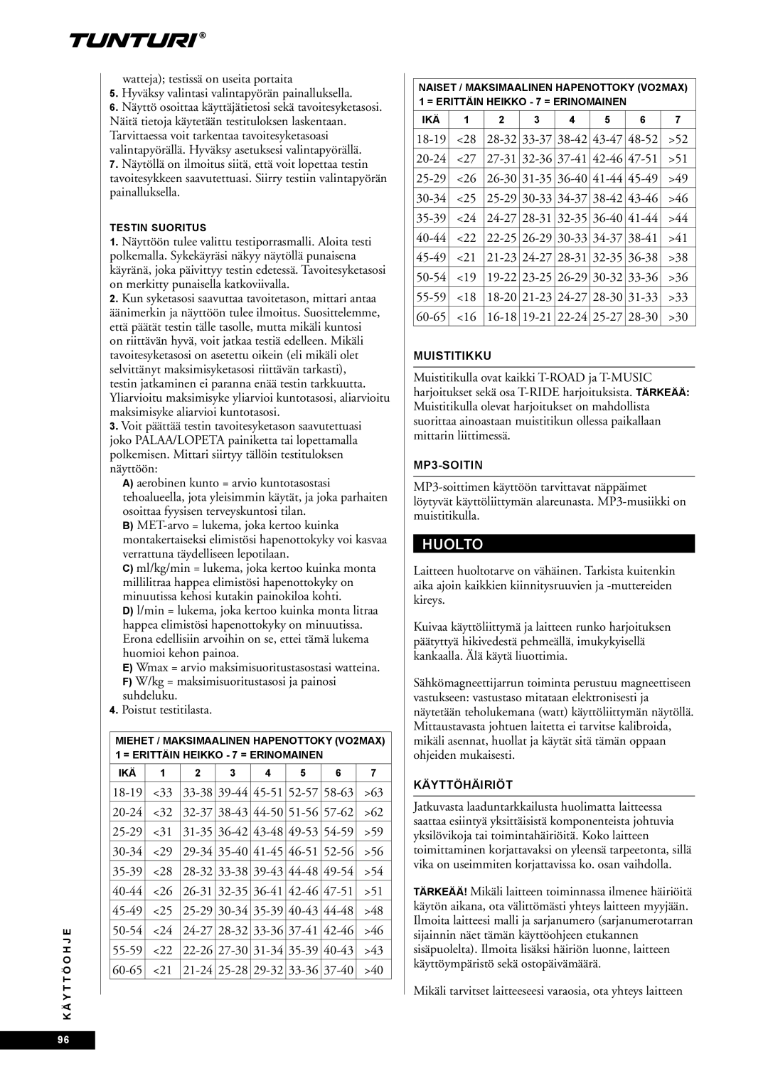 Tunturi E85 Huolto, Mikäli tarvitset laitteeseesi varaosia, ota yhteys laitteen, Muistitikku, MP3-SOITIN, Käyttöhäiriöt 