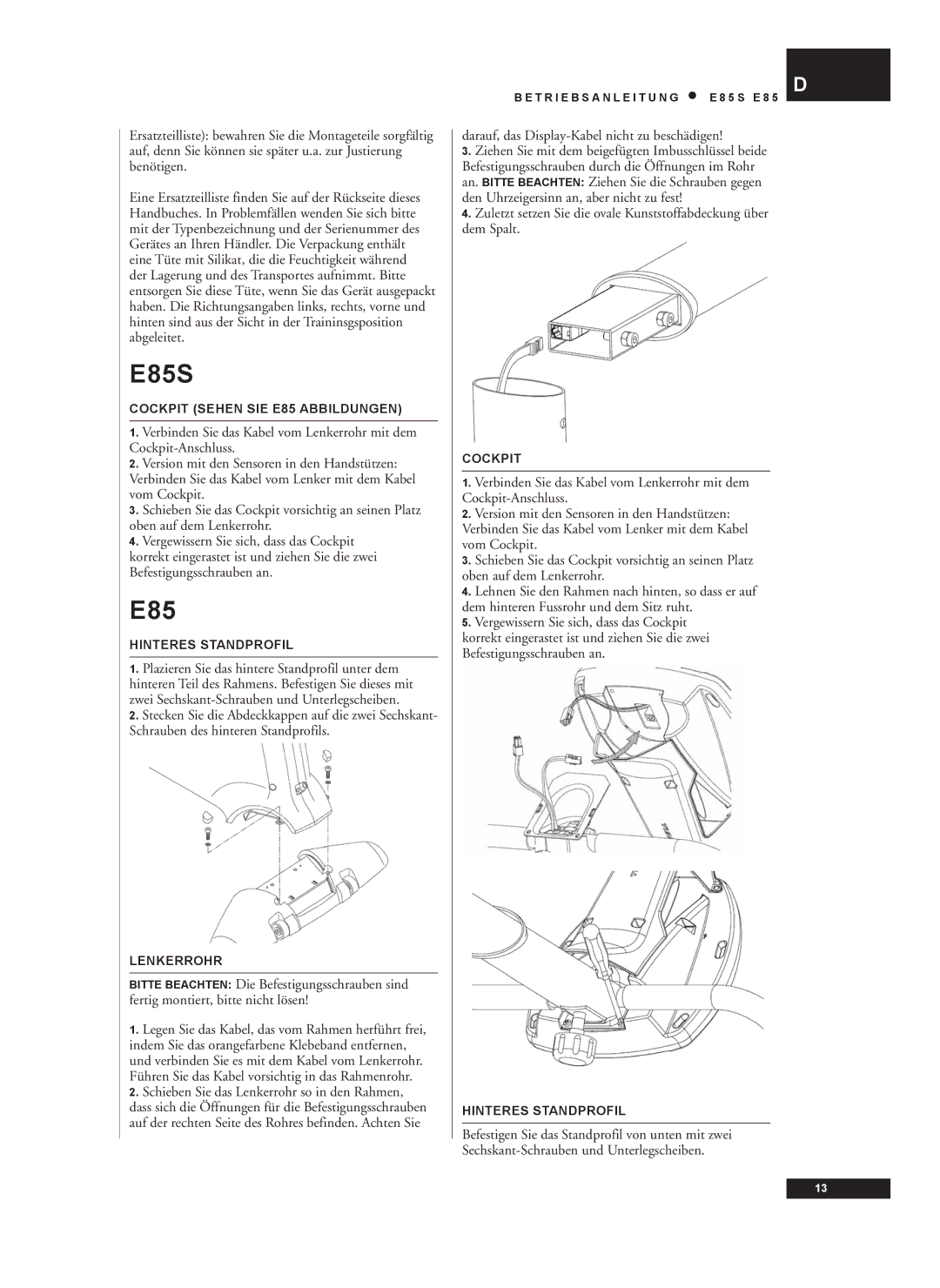 Tunturi E85S owner manual Cockpit Sehen SIE E85 Abbildungen, Hinteres Standprofil, Lenkerrohr 