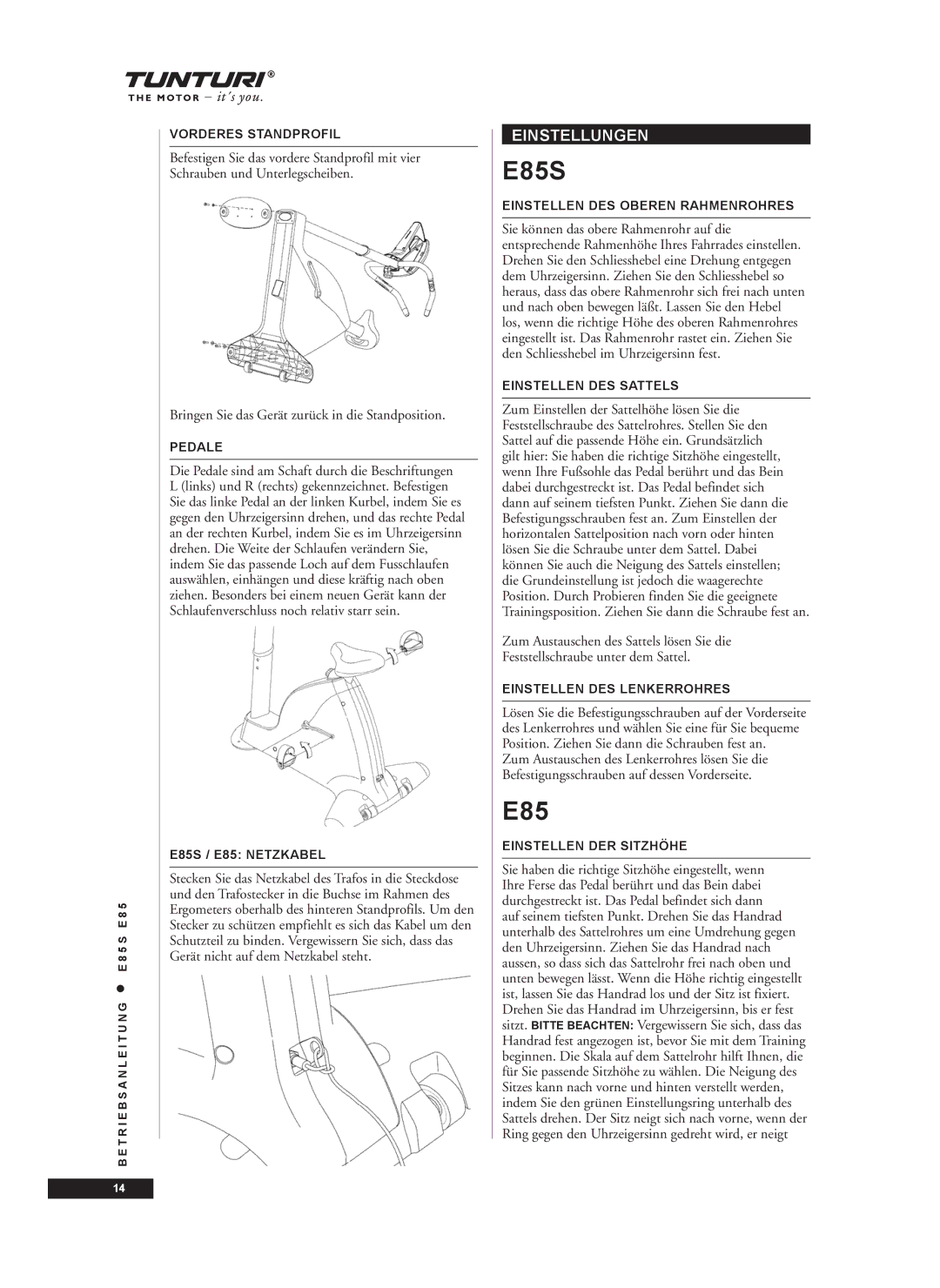 Tunturi E85S owner manual Einstellungen 