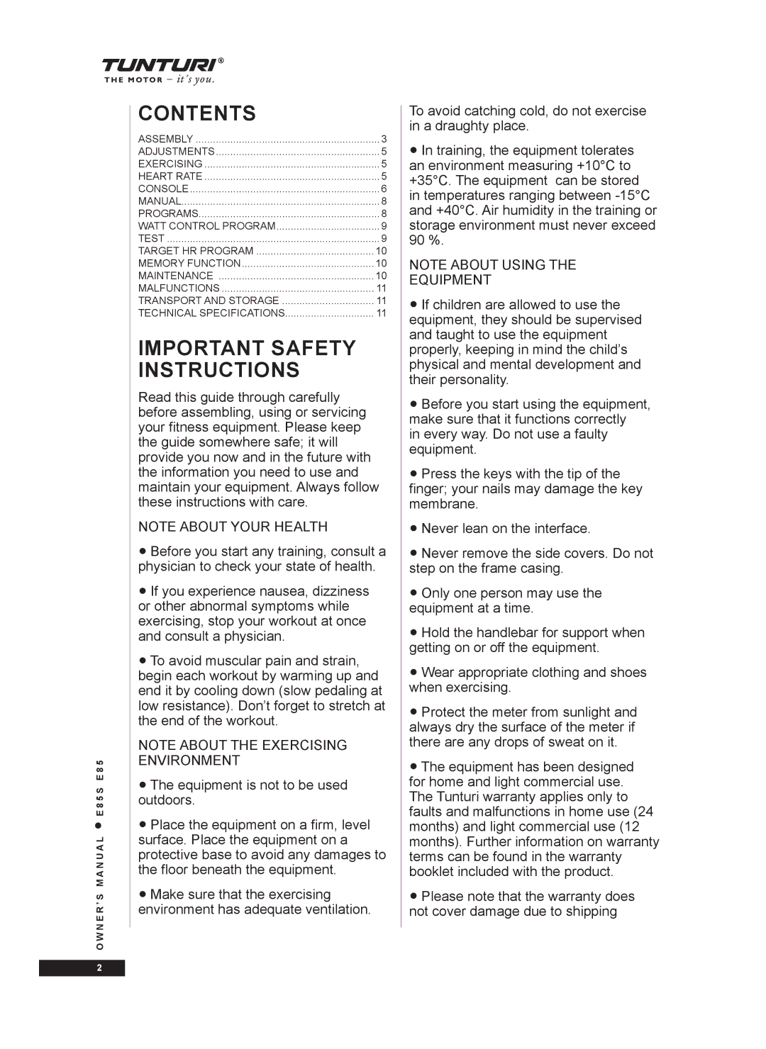 Tunturi E85S owner manual Contents 