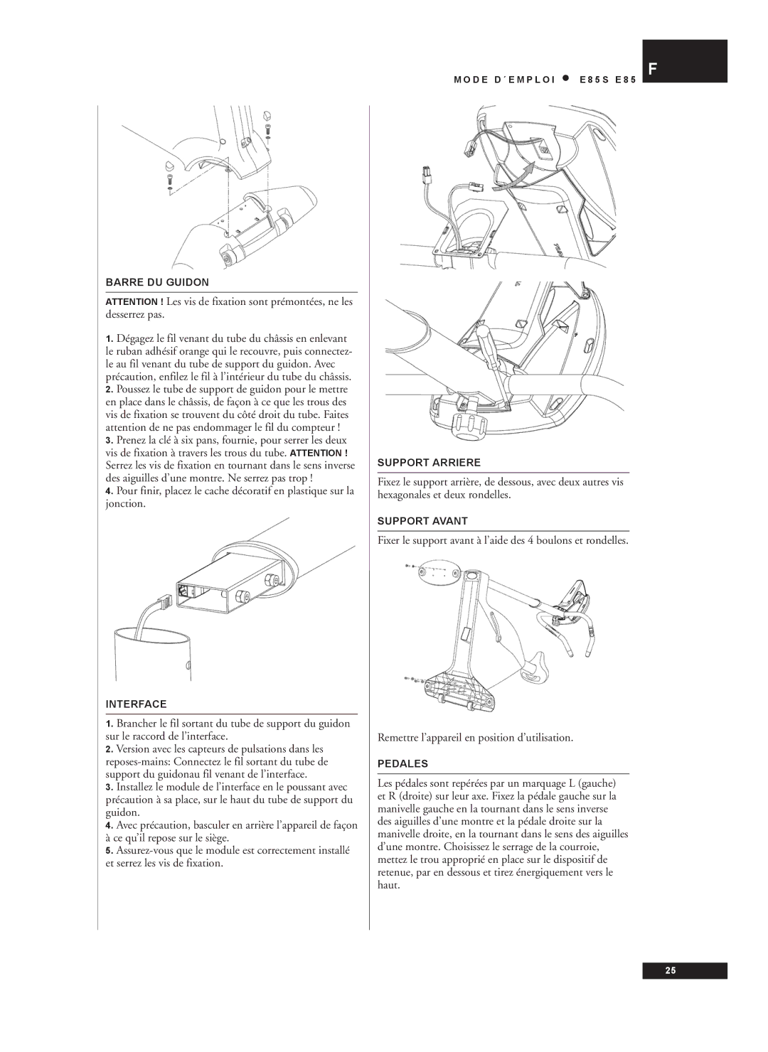 Tunturi E85S owner manual Barre DU Guidon, Support Avant, Pedales 