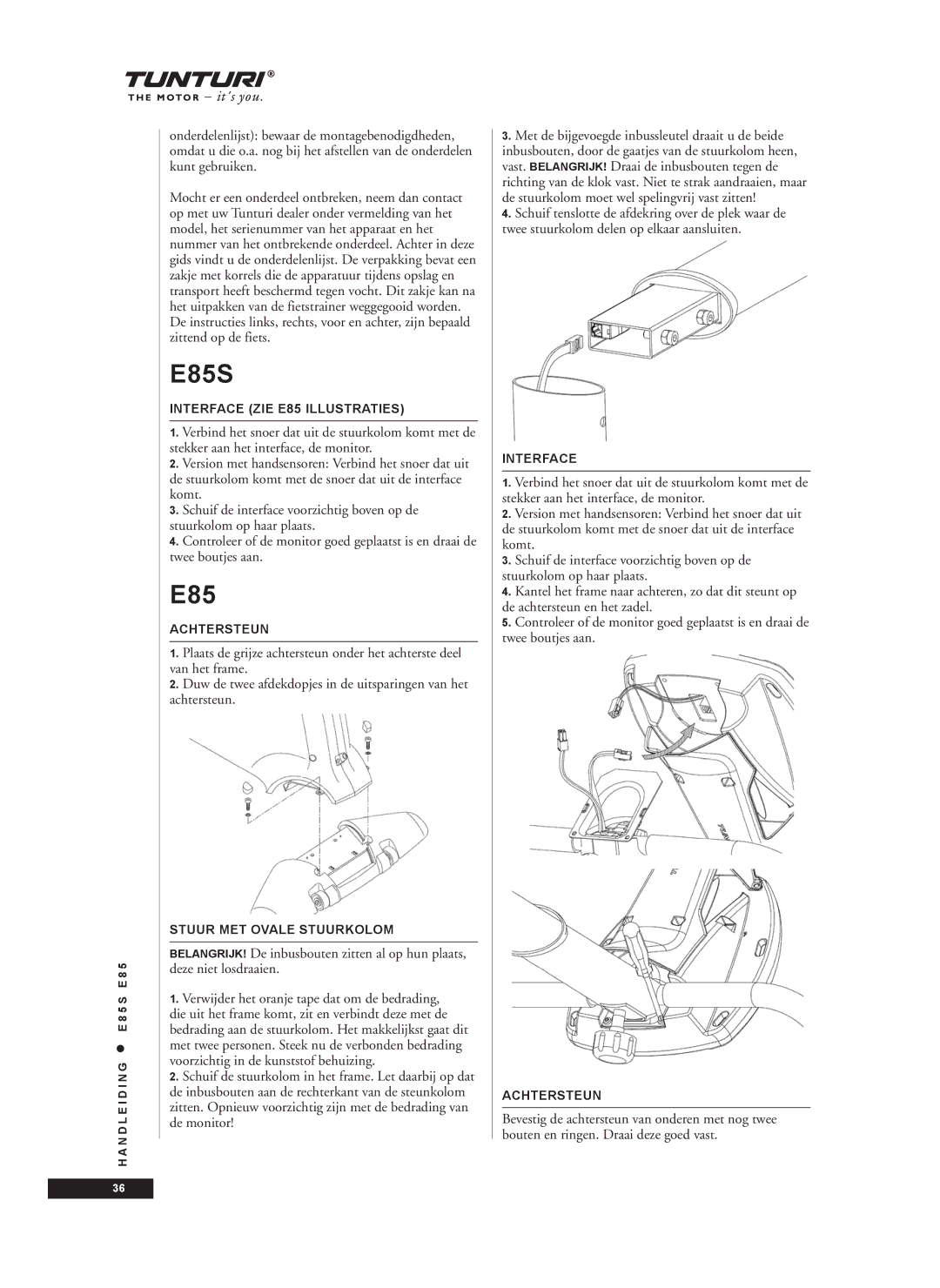 Tunturi E85S owner manual Interface ZIE E85 Illustraties, Achtersteun, Stuur MET Ovale Stuurkolom 