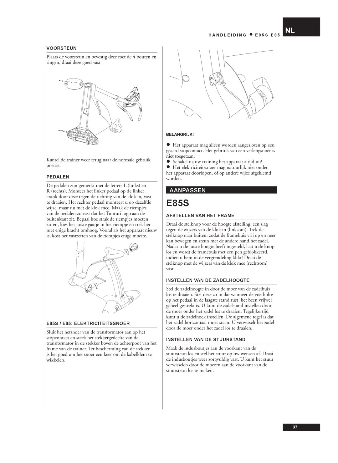 Tunturi E85S owner manual Aanpassen 