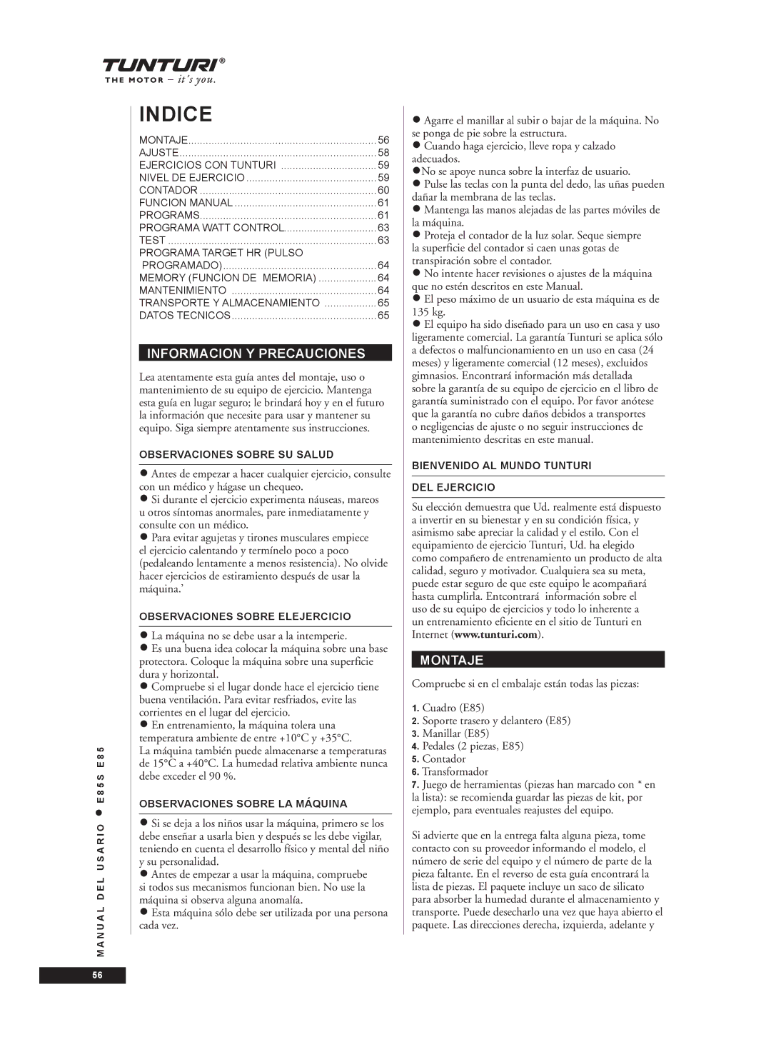 Tunturi E85S owner manual Informacion Y Precauciones, Montaje 