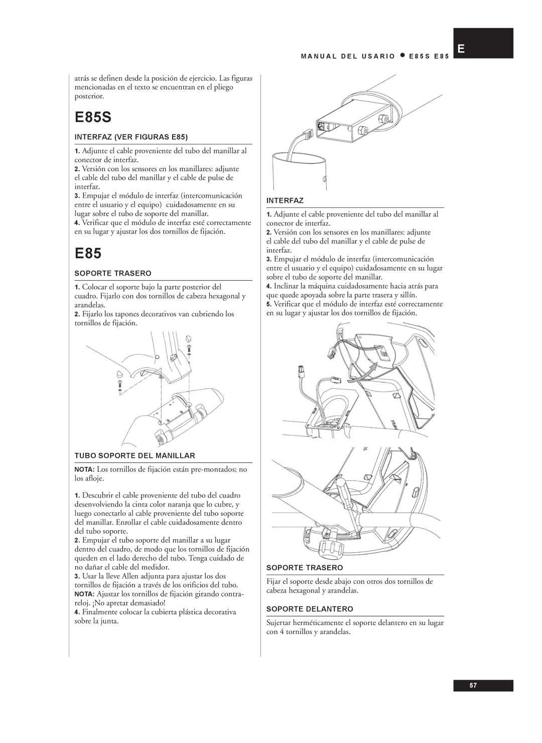 Tunturi E85S owner manual Interfaz VER Figuras E85, Soporte Trasero, Tubo Soporte DEL Manillar, Soporte Delantero 