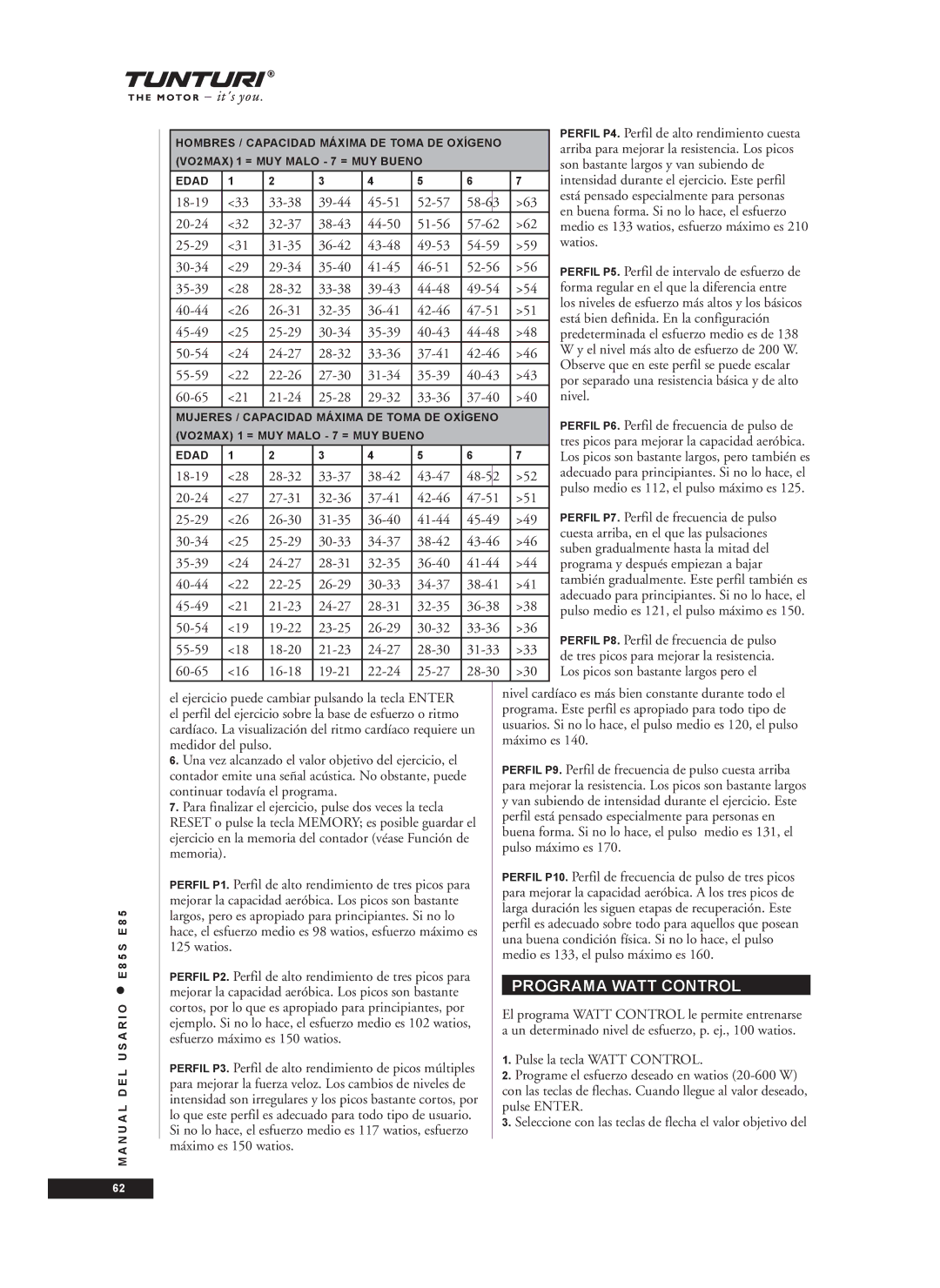 Tunturi E85S owner manual Programa Watt Control 