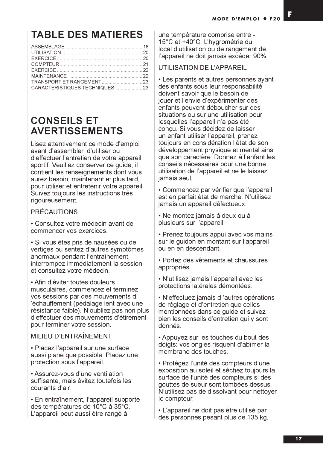 Tunturi F20 Table DES Matieres, Conseils ET Avertissements, Précautions, Milieu D’ENTRAÎNEMENT, Utilisation DE L’APPAREIL 