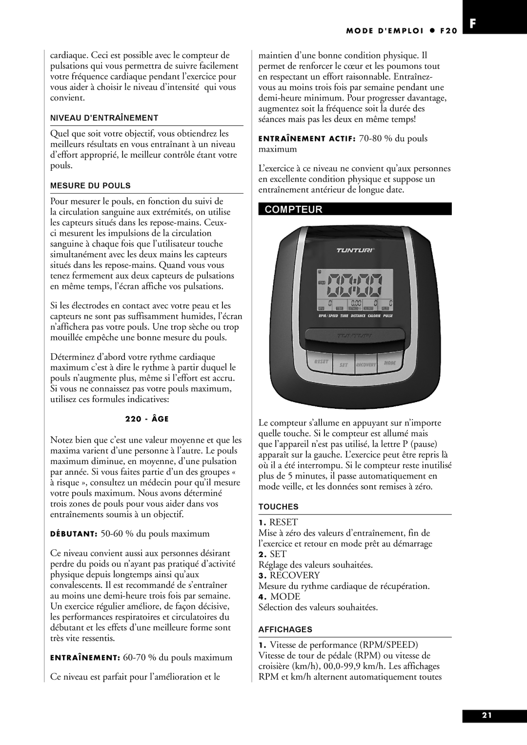 Tunturi F20 owner manual Compteur 