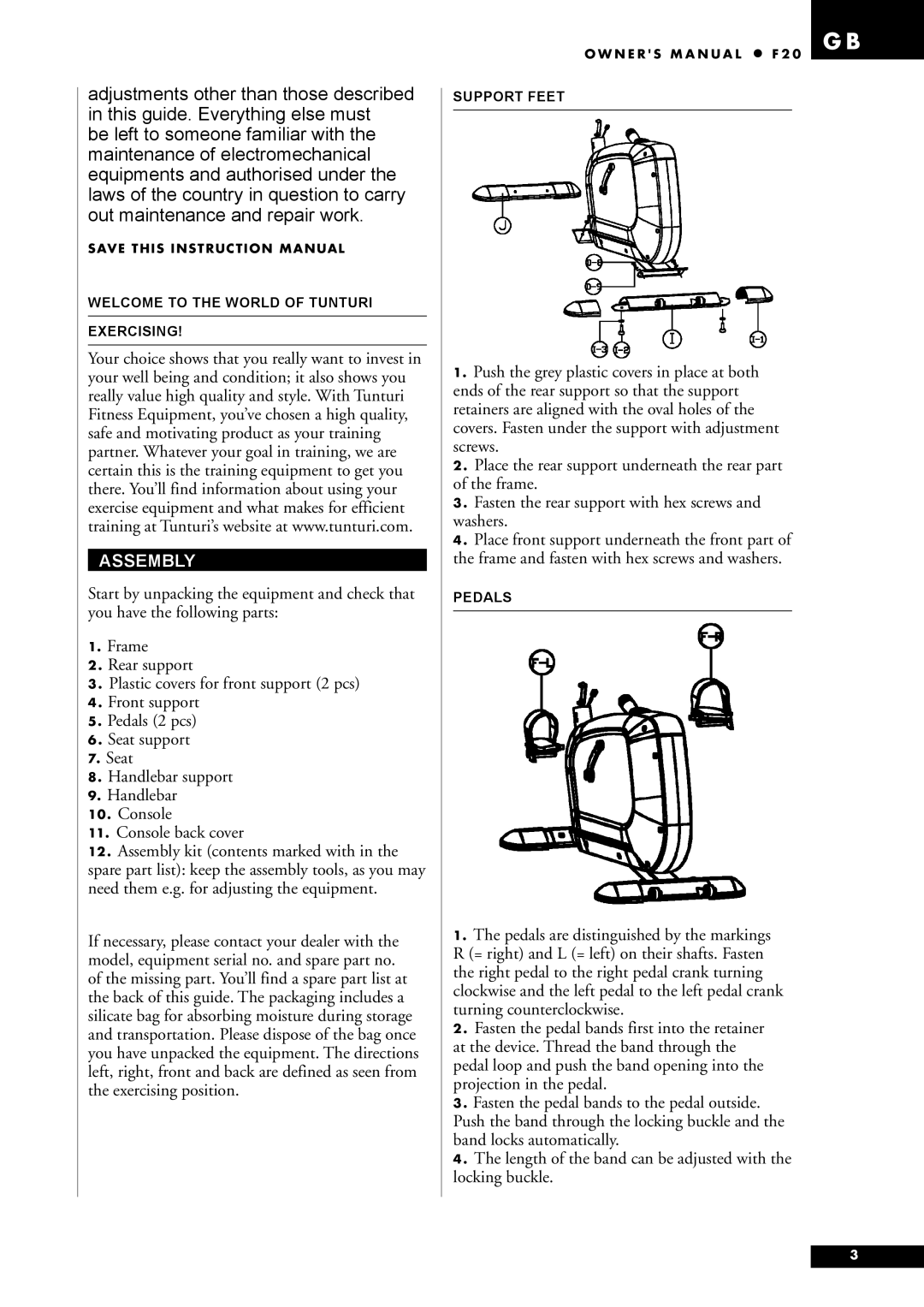 Tunturi F20 owner manual Assembly 