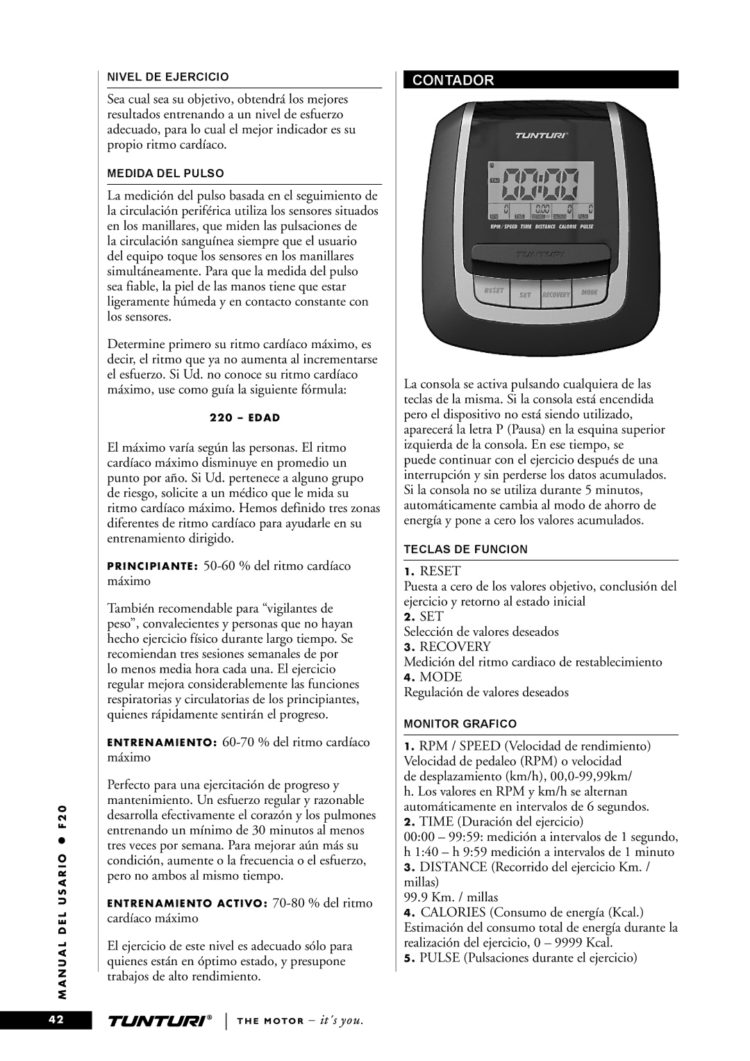 Tunturi F20 owner manual Contador 