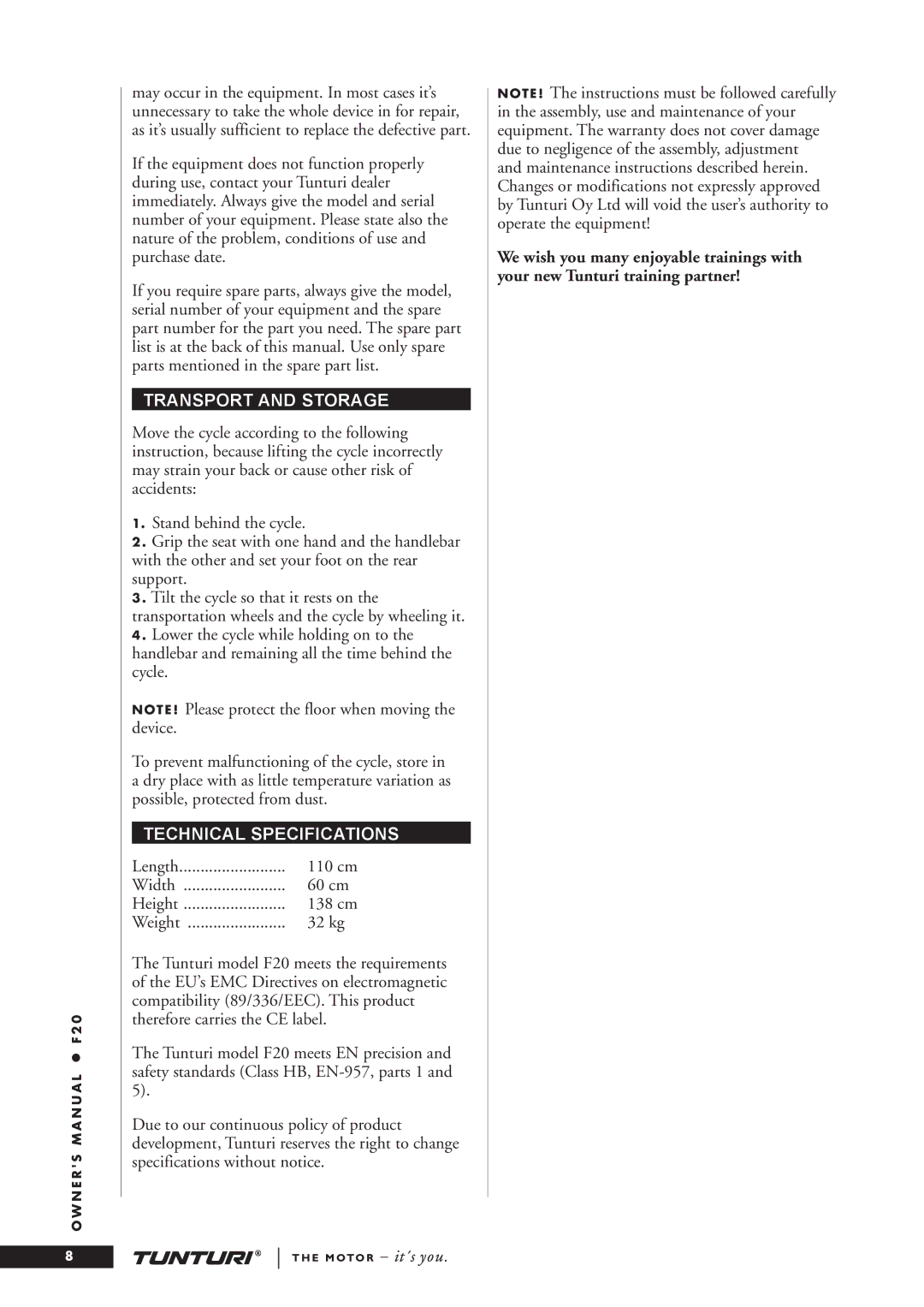 Tunturi F20 owner manual Transport and Storage, Technical Specifications 