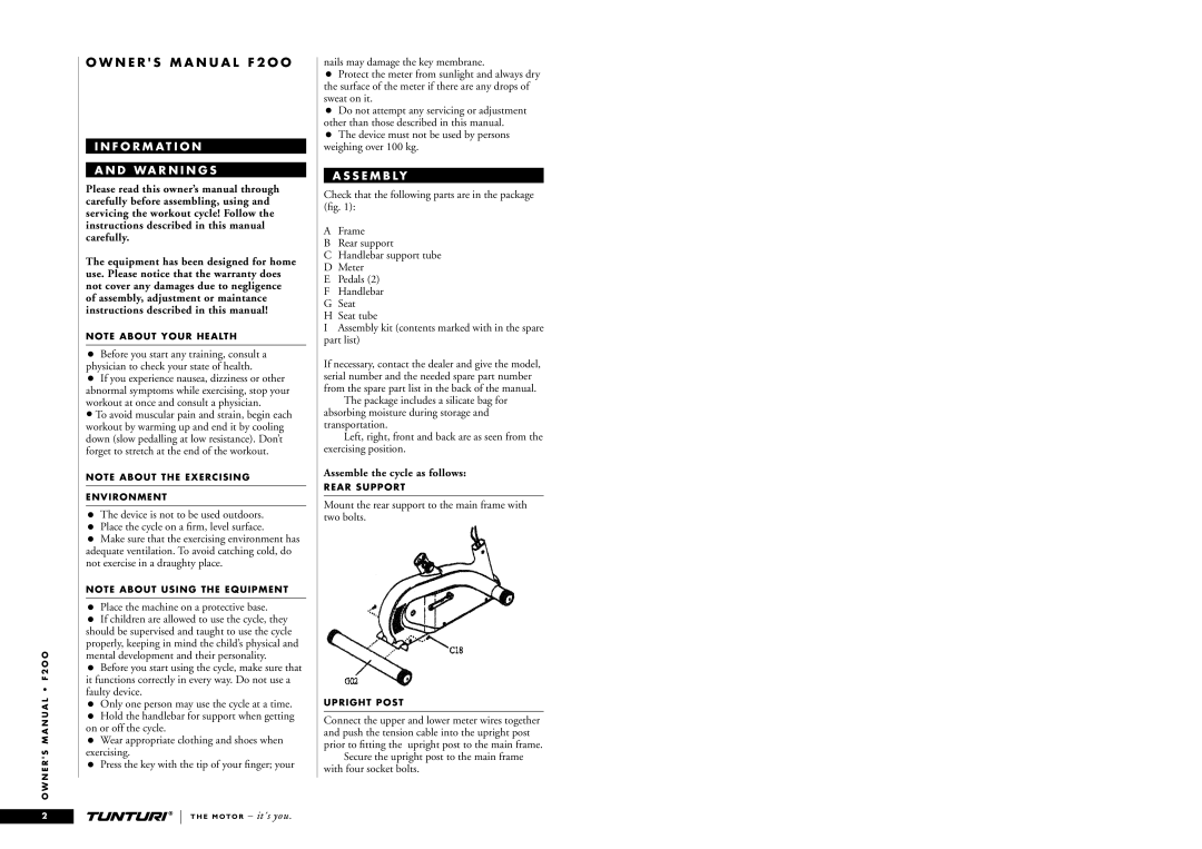 Tunturi F200 owner manual F O R M At I O N D Wa R N I N G S, S E M B Ly 