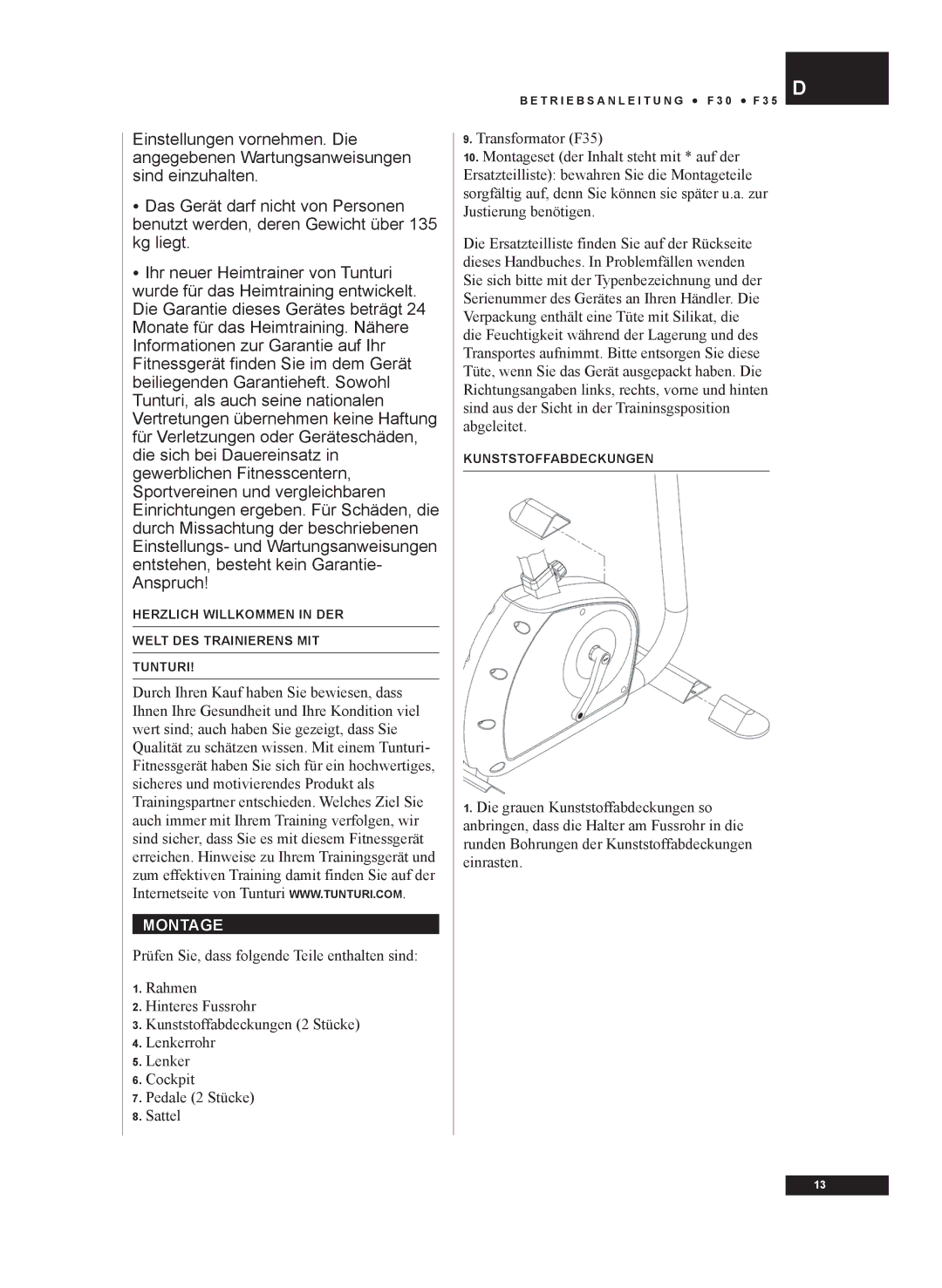 Tunturi F30, F35 owner manual Montage 