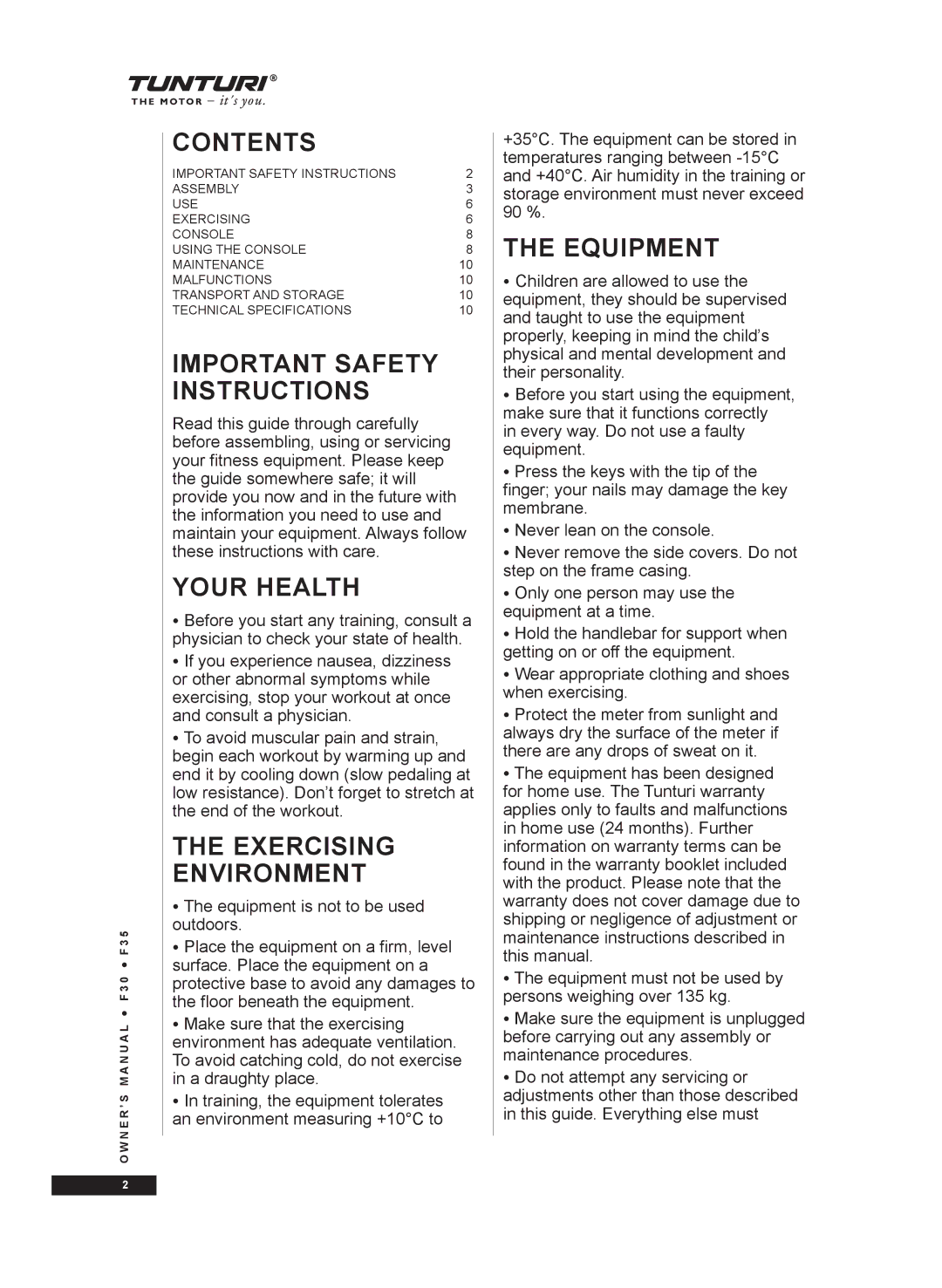 Tunturi F35, F30 owner manual Contents 