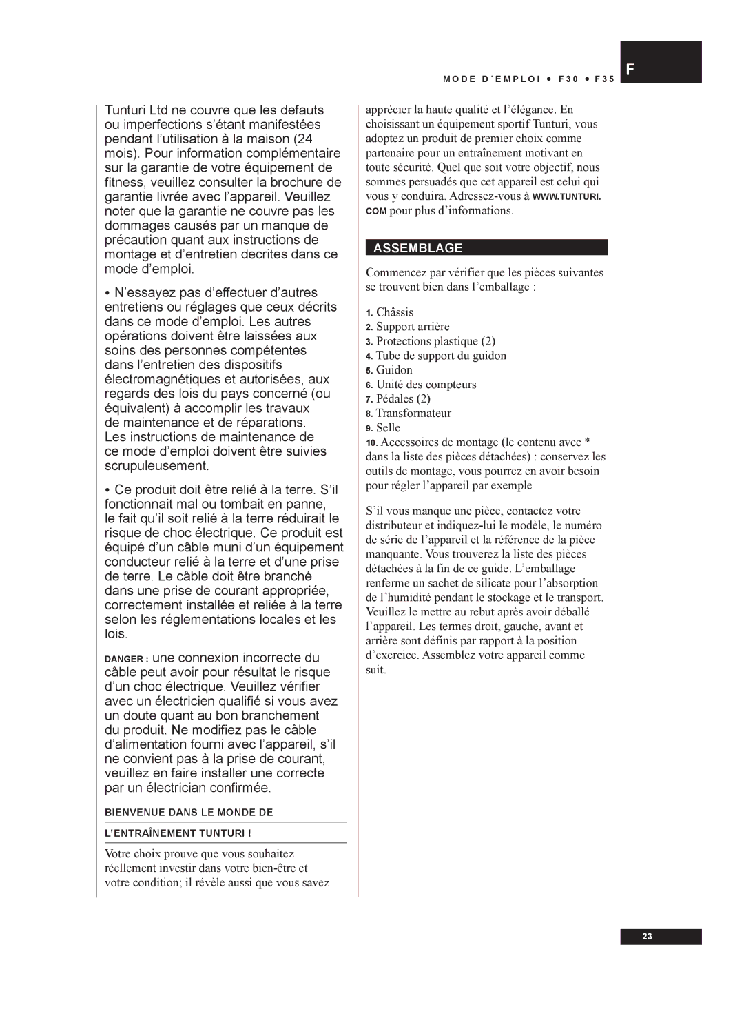 Tunturi F30, F35 owner manual Assemblage 