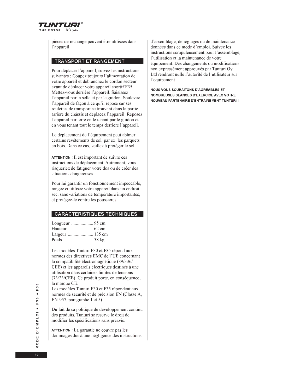 Tunturi F35, F30 owner manual Transport ET Rangement, Caracteristiques Techniques 