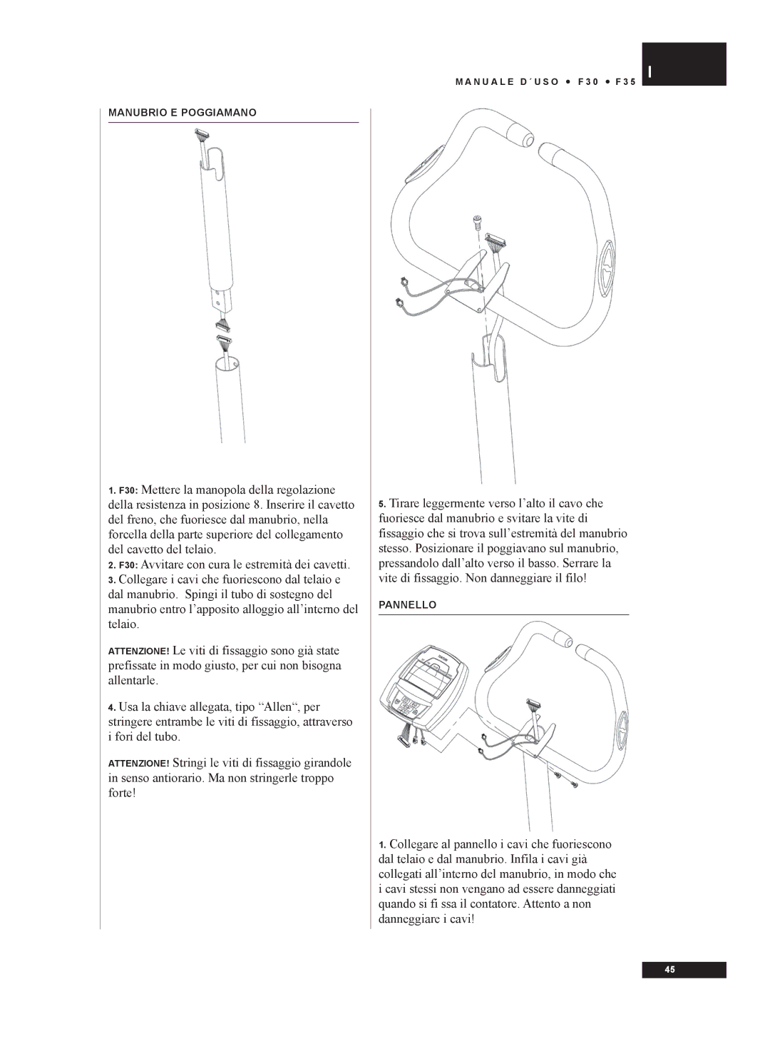 Tunturi F30, F35 owner manual Manubrio E Poggiamano 