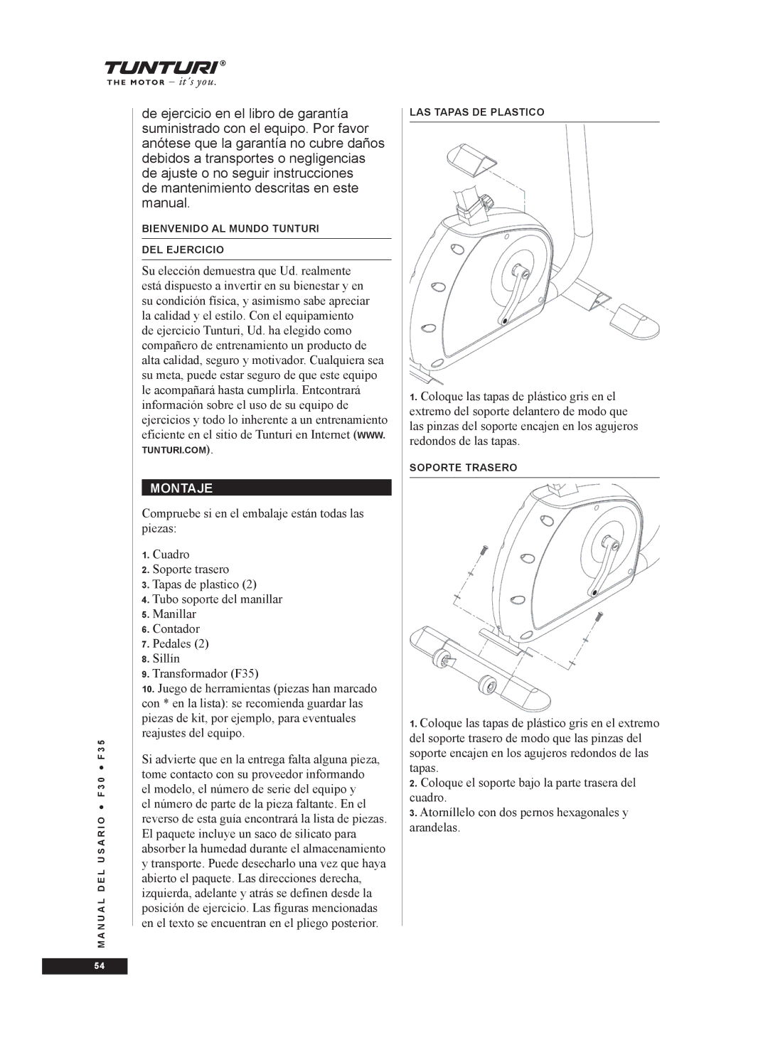 Tunturi F35, F30 owner manual Montaje 