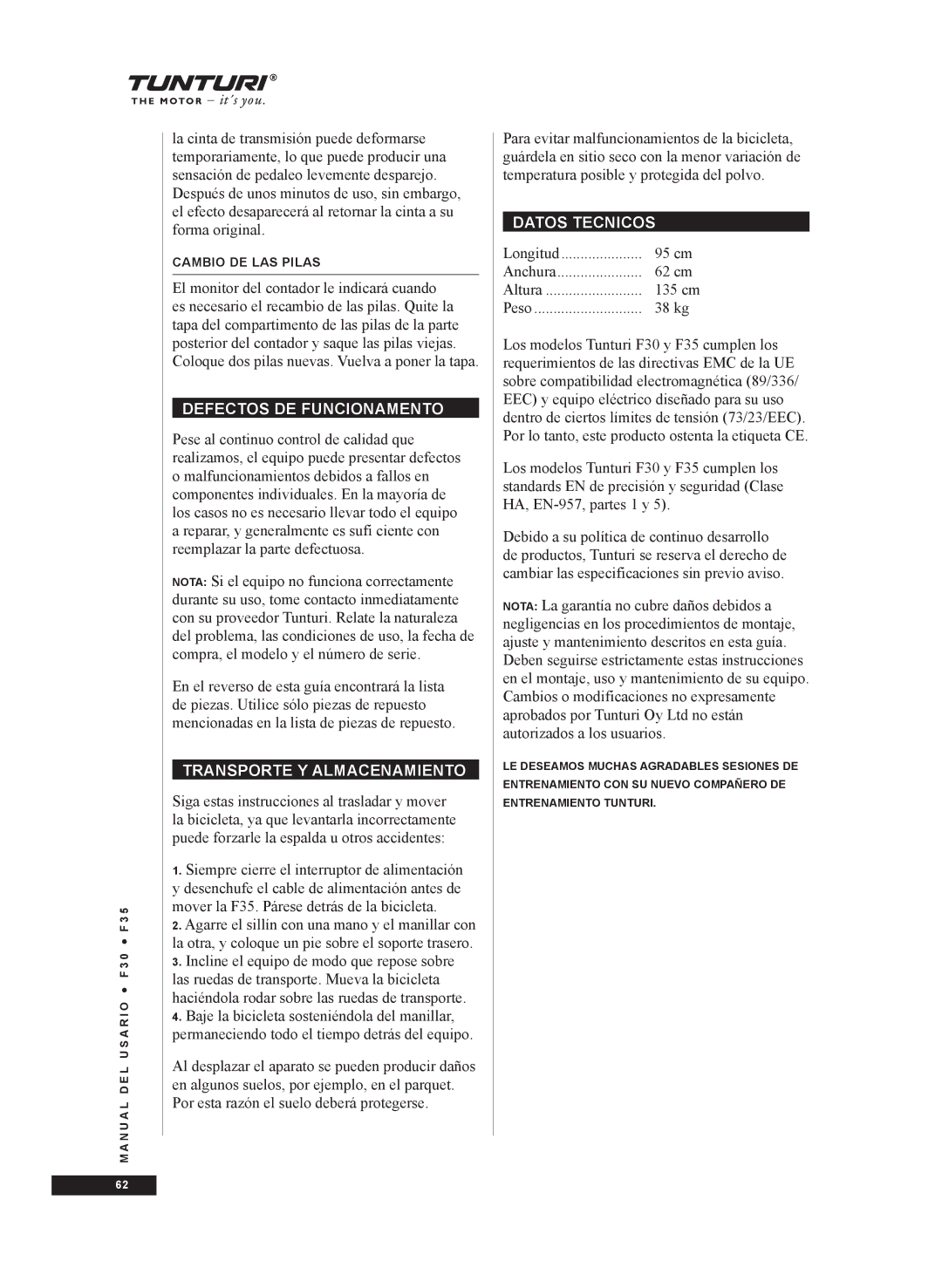 Tunturi F35, F30 owner manual Defectos DE Funcionamento, Transporte Y Almacenamiento, Datos Tecnicos 