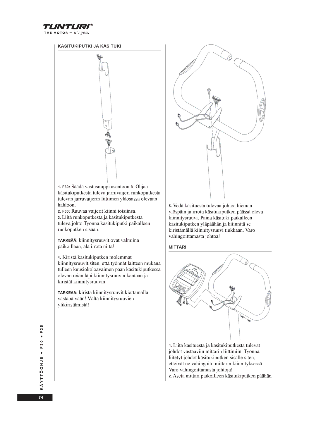 Tunturi F35, F30 owner manual Käsitukiputki JA Käsituki 