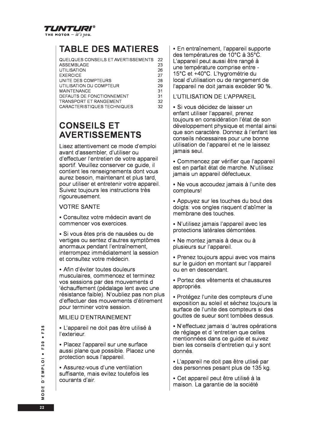 Tunturi F35, F30 owner manual Table Des Matieres, Conseils Et Avertissements 