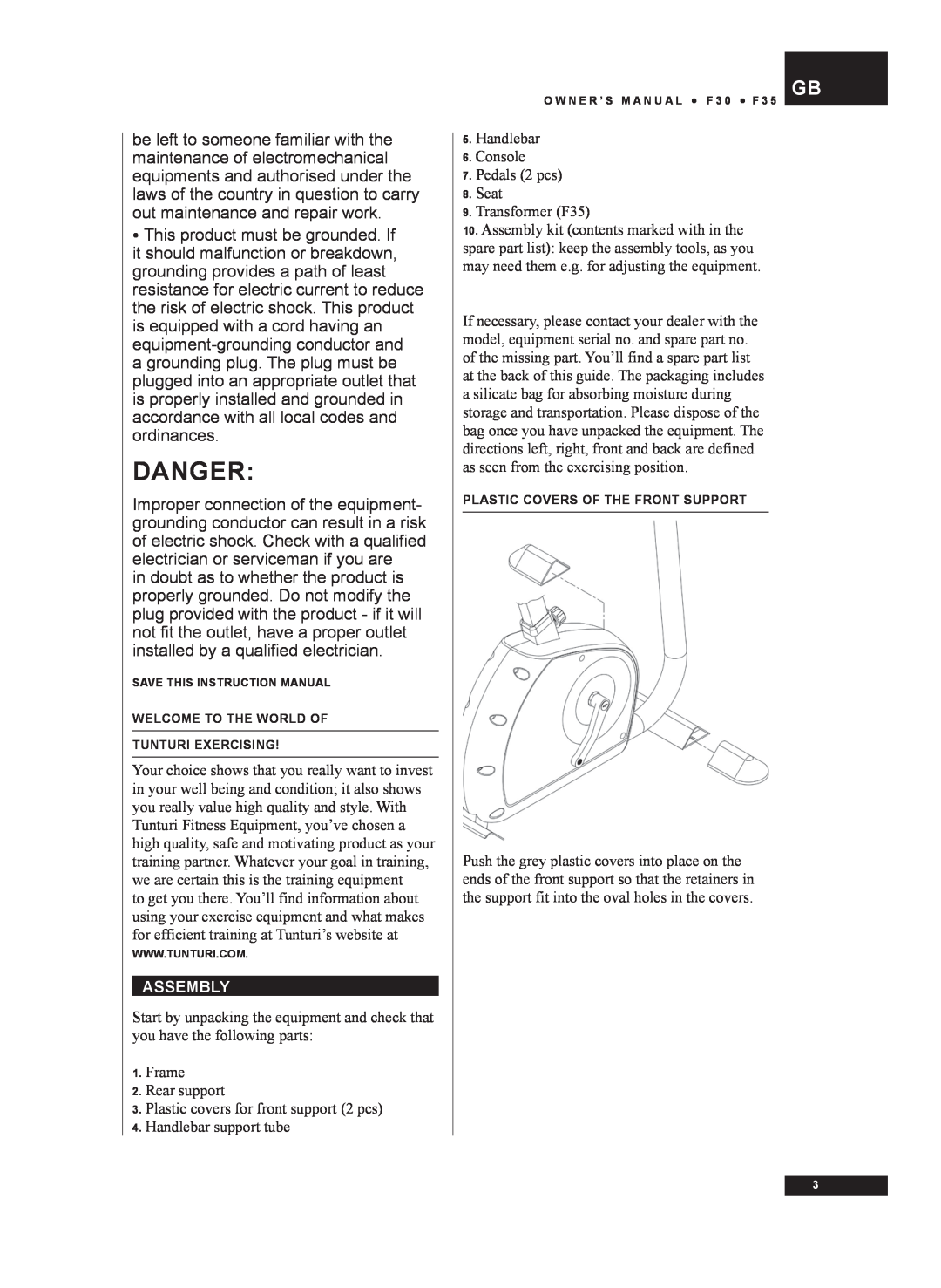Tunturi F30, F35 owner manual Danger 