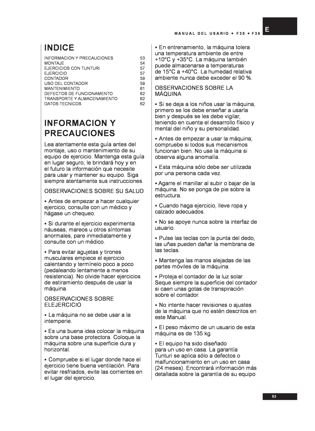 Tunturi F30, F35 owner manual Informacion Y Precauciones, Indice 