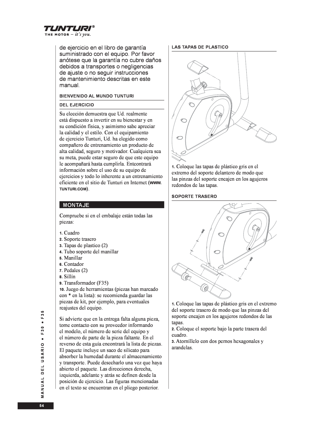 Tunturi F35, F30 owner manual de mantenimiento descritas en este manual, Montaje 