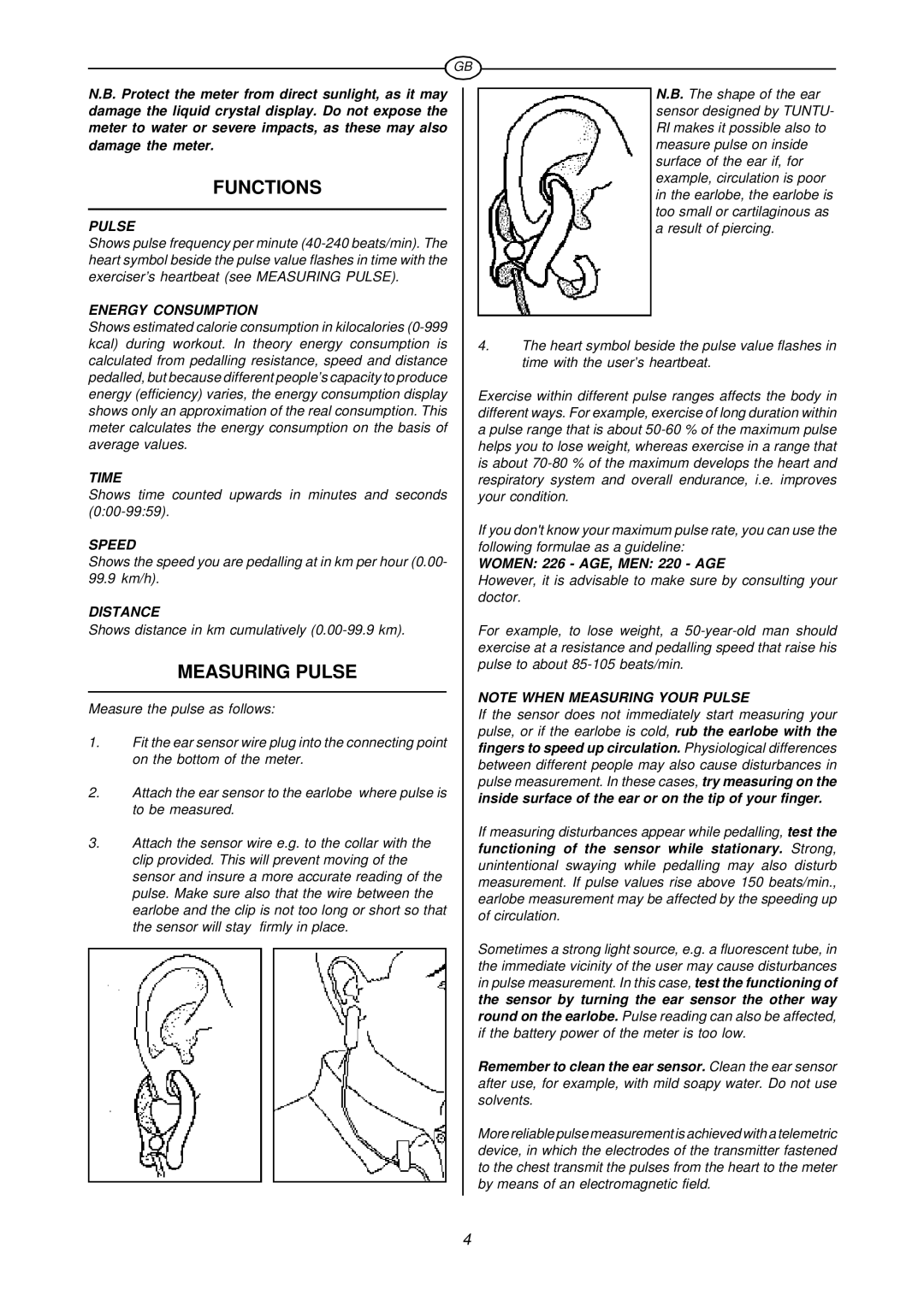 Tunturi F400 owner manual Functions, Measuring Pulse 