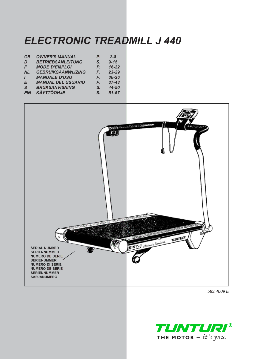 Tunturi J 440 owner manual Electronic Treadmill J 