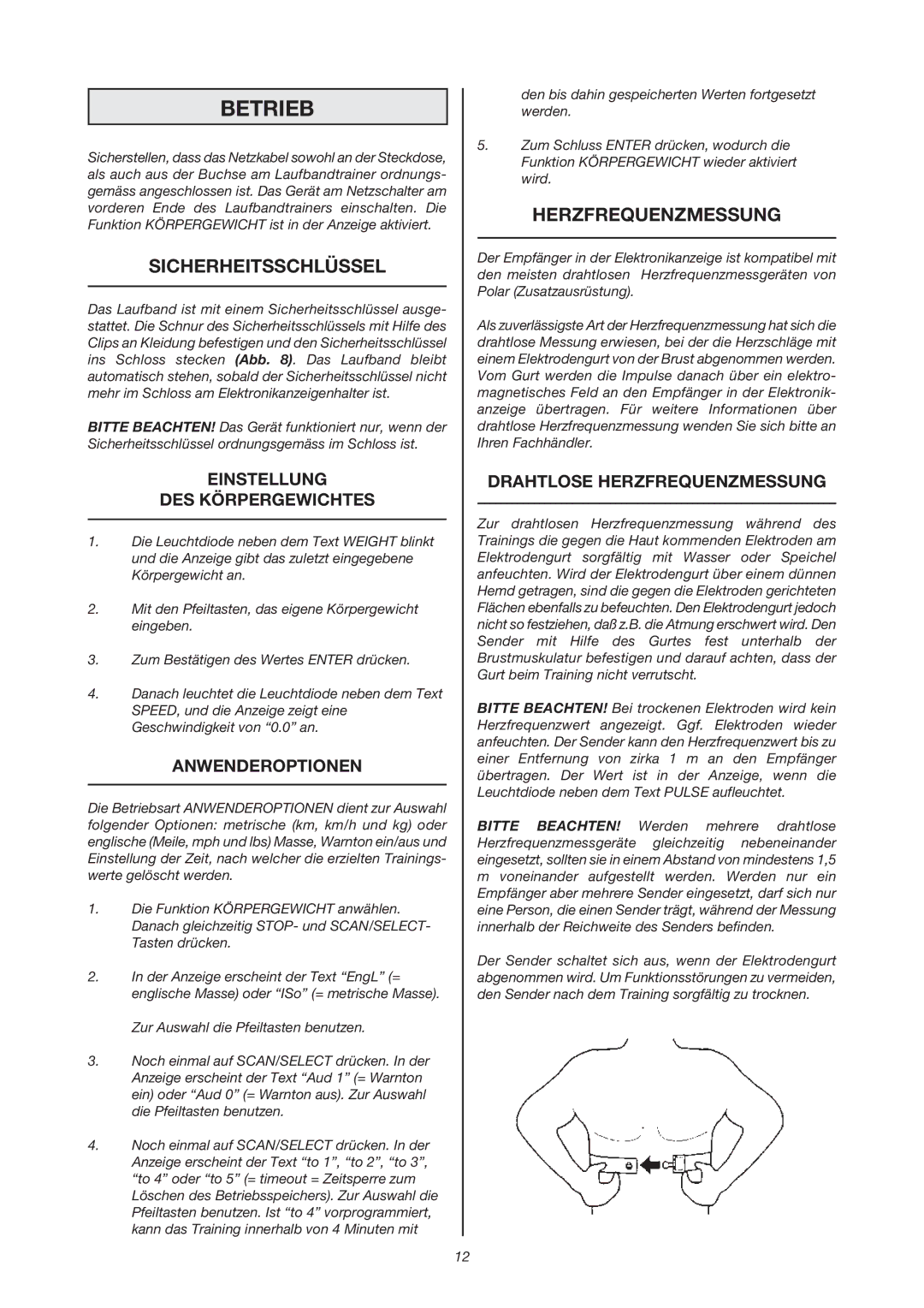 Tunturi J 440 owner manual Betrieb, Sicherheitsschlüssel, Herzfrequenzmessung 