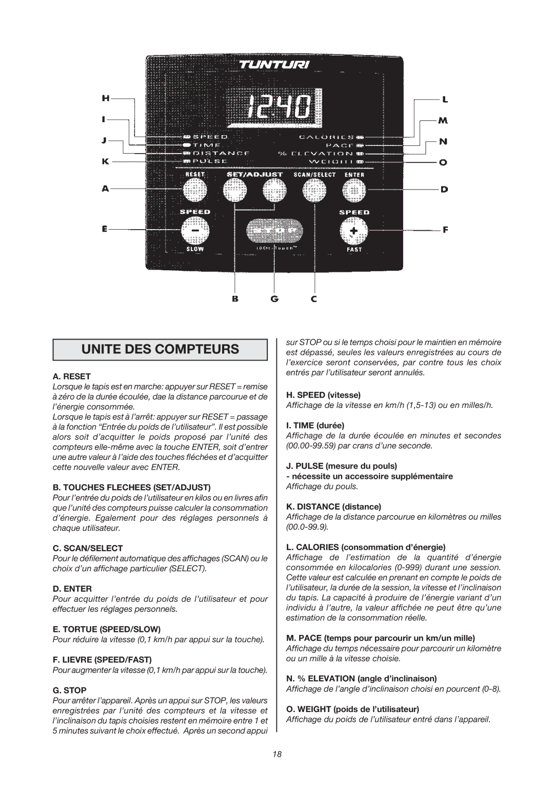 Tunturi J 440 owner manual Unite DES Compteurs 