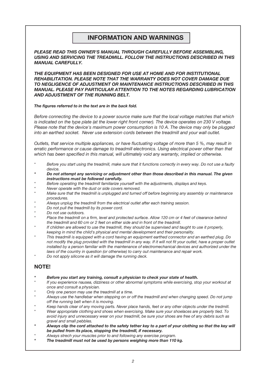 Tunturi J 440 owner manual Information and Warnings, Figures referred to in the text are in the back fold 