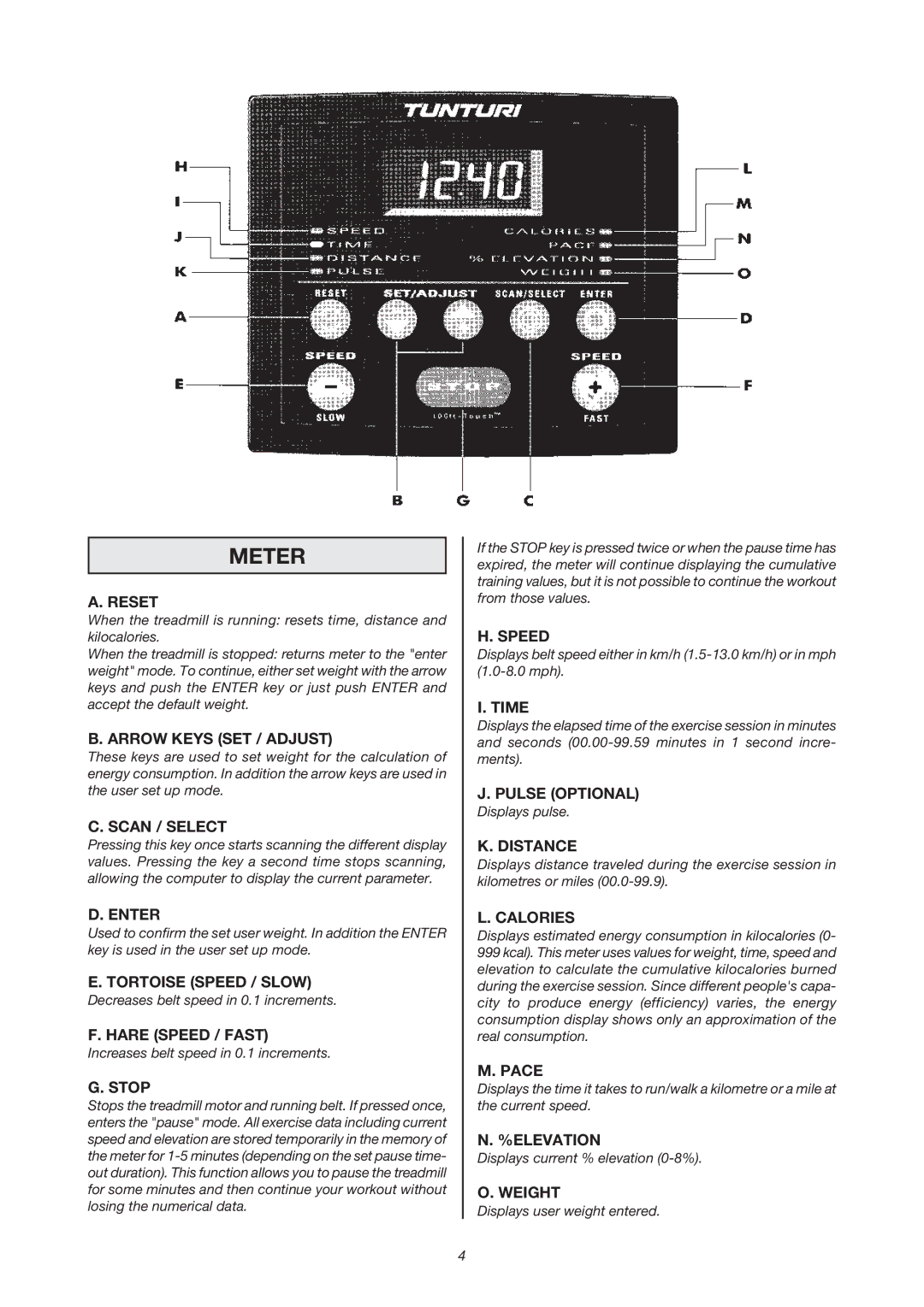 Tunturi J 440 owner manual Meter, Reset 