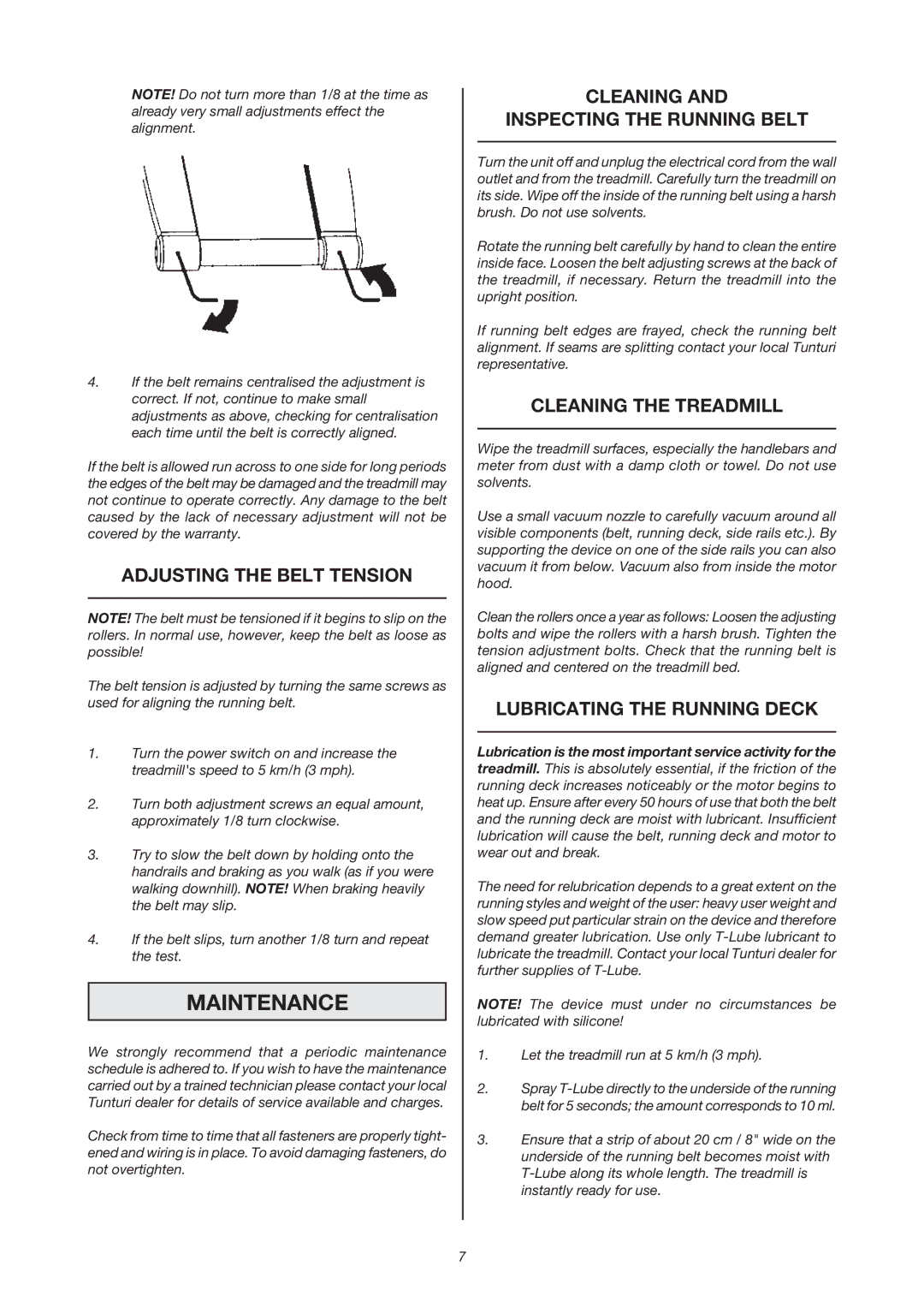 Tunturi J 440 Maintenance, Adjusting the Belt Tension, Cleaning Inspecting the Running Belt, Cleaning the Treadmill 