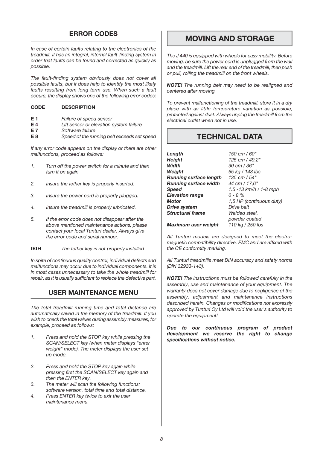 Tunturi J 440 owner manual Moving and Storage, Technical Data, Error Codes, User Maintenance Menu 