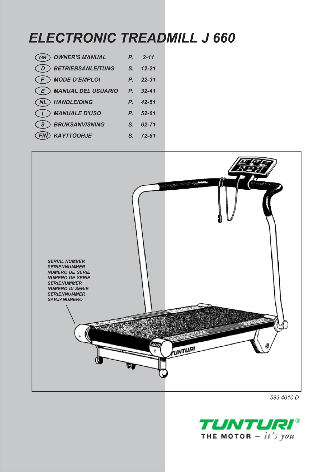 Tunturi J 660 owner manual Electronic Treadmill J 