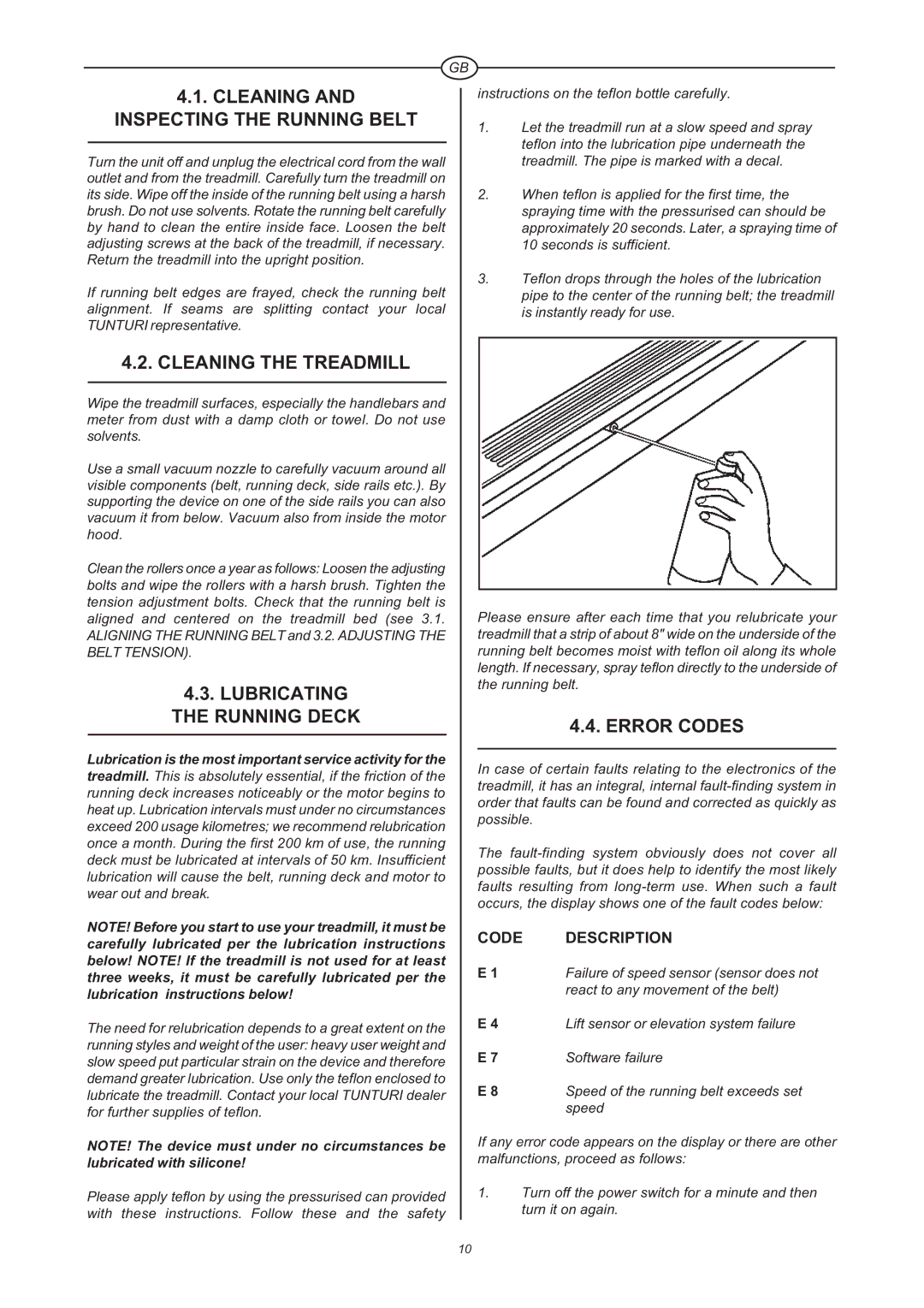 Tunturi J 660 Cleaning and Inspecting the Running Belt, Cleaning the Treadmill, Lubricating the Running Deck, Error Codes 