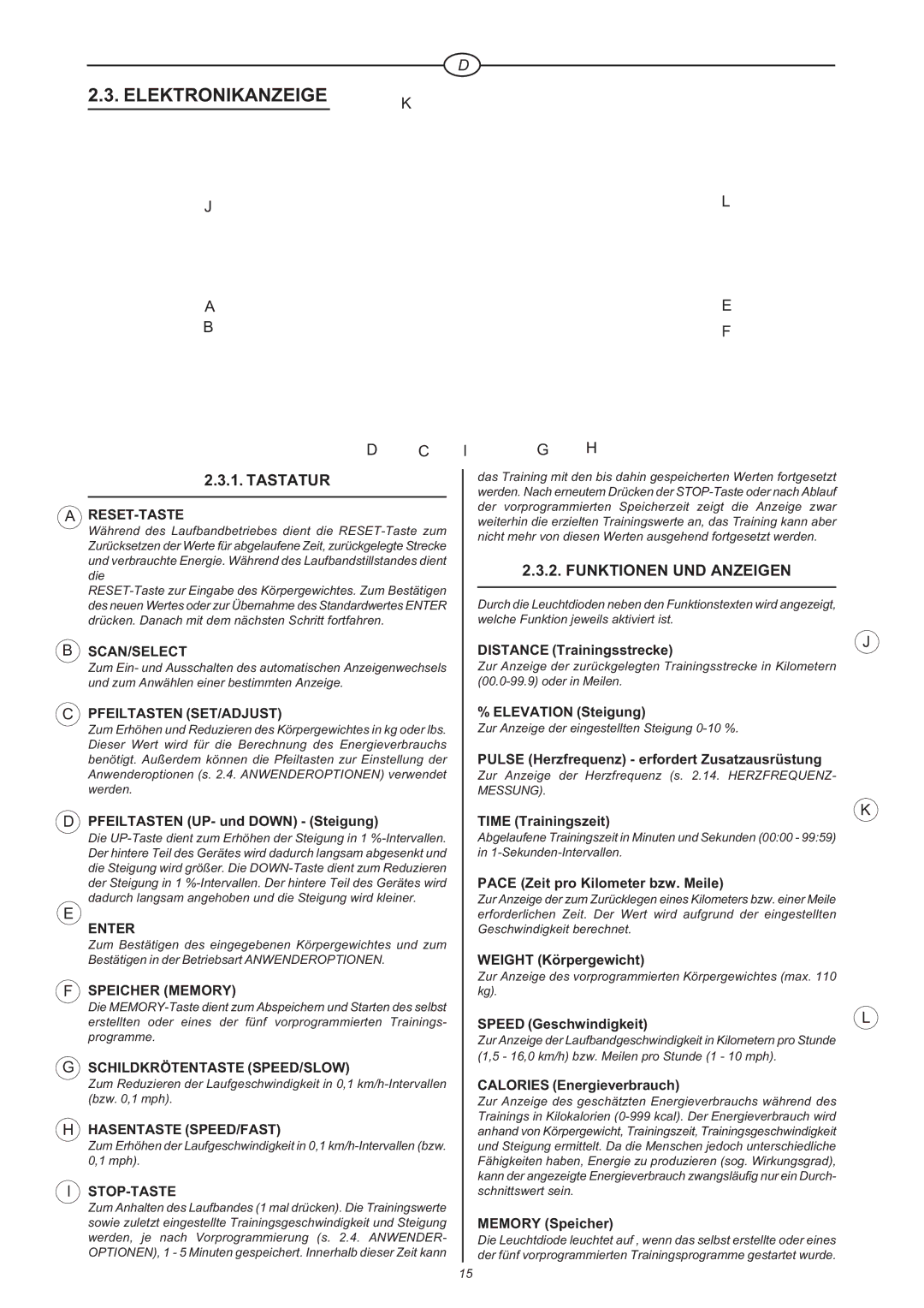 Tunturi J 660 owner manual Elektronikanzeige, Tastatur, Funktionen UND Anzeigen 