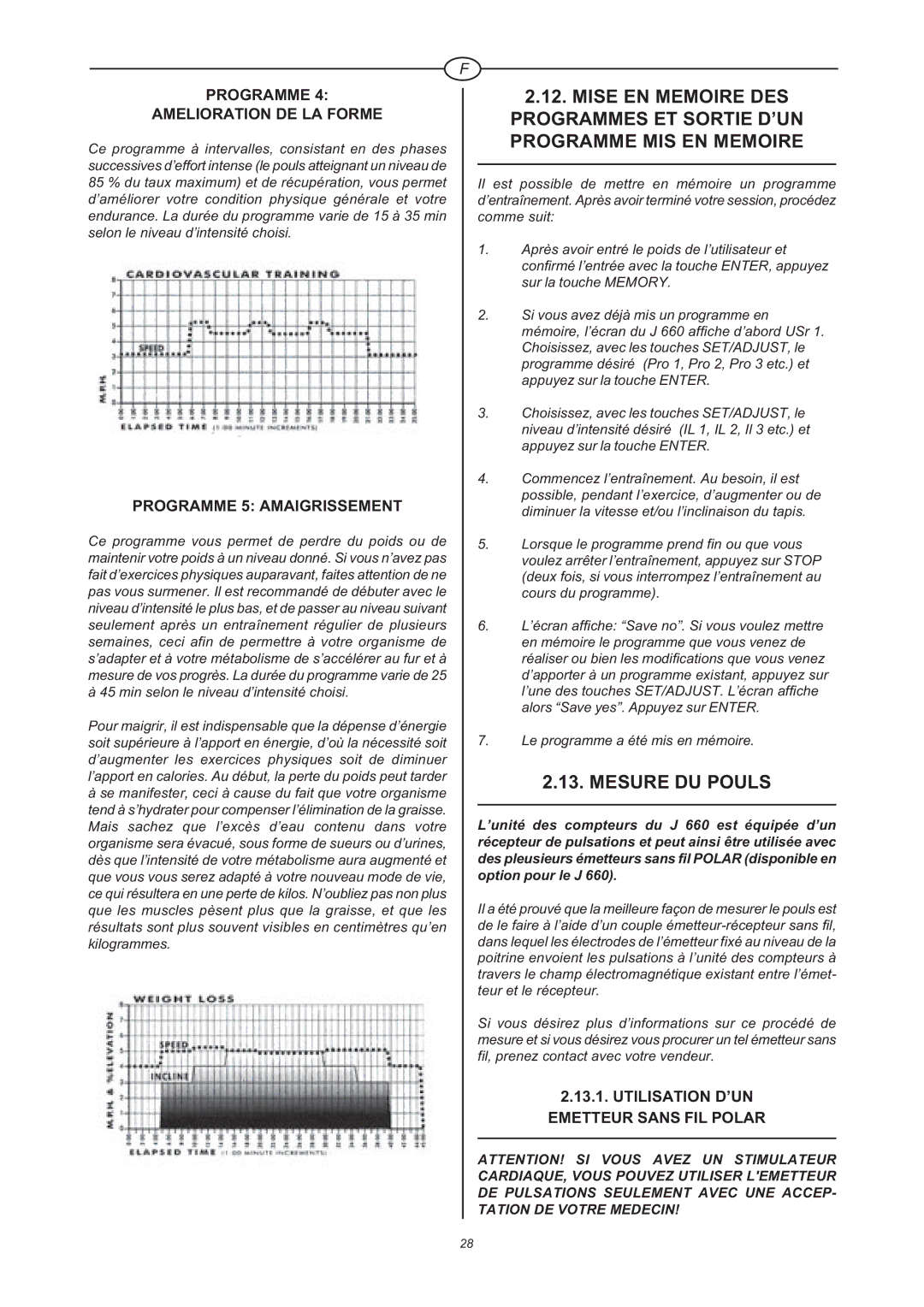 Tunturi J 660 owner manual Mesure DU Pouls, Programme Amelioration DE LA Forme, Programme 5 Amaigrissement 